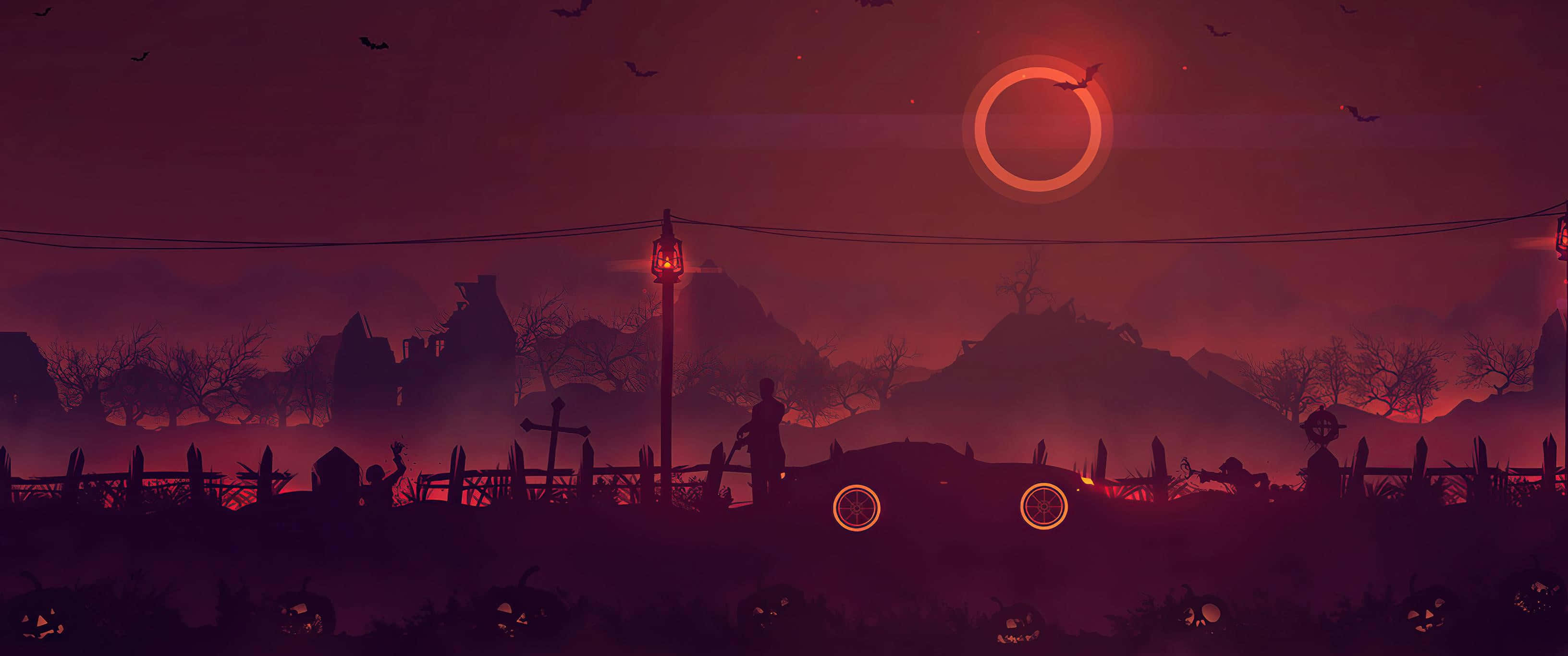 Minimalist Halloween 桌布 壁紙 — 黃昏時分一個令人毛骨悚然的美麗墓地，有剪影墓碑、發光的南瓜燈和一個發光的環狀太陽，投射出詭異的紅光。