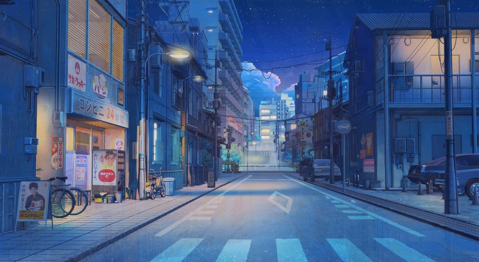 Retro Aesthetic 桌布 壁紙 — 黃昏時分一條寧靜的日本街道，閃爍的商店招牌和星空倒映在濕漉漉的人行道上。