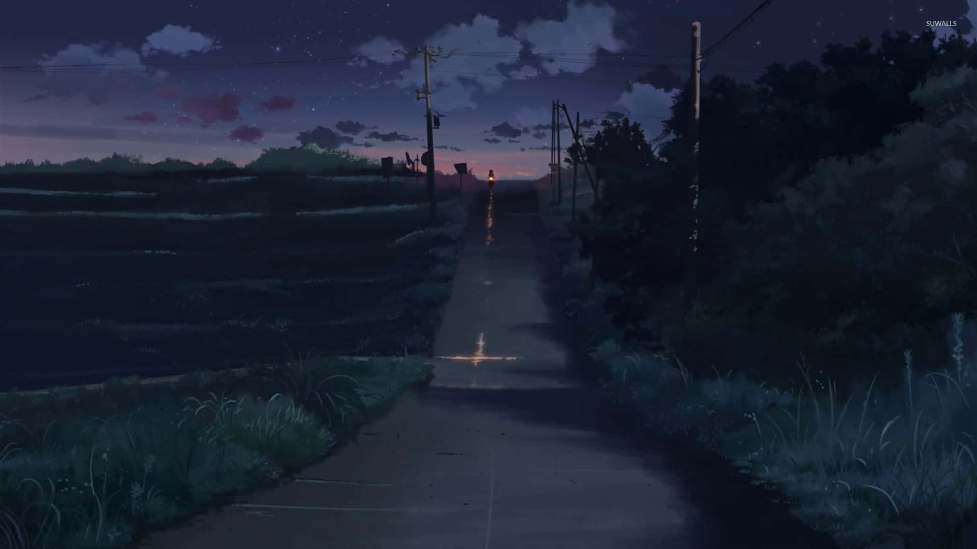 秒速5公分 桌布 壁紙 — 黃昏時分一條寧靜的鄉村道路，一個孤獨的身影在星空和發光路燈下行走。