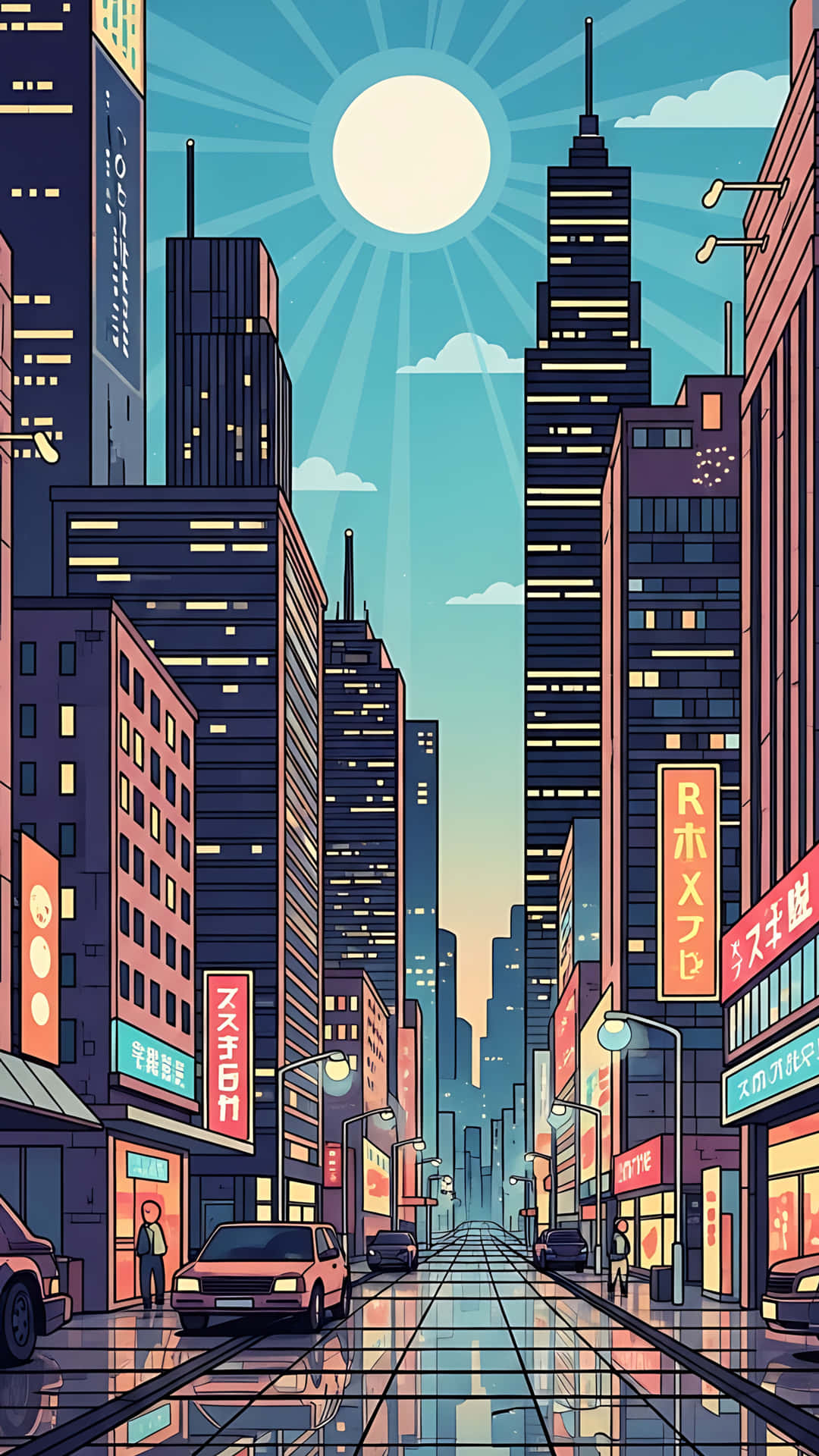 City sunrise illustration 壁紙 — 黃昏時分充滿活力的卡通城市街道，高聳的建築物在燦爛的陽光下發光，潮濕的人行道反射著霓虹燈招牌。