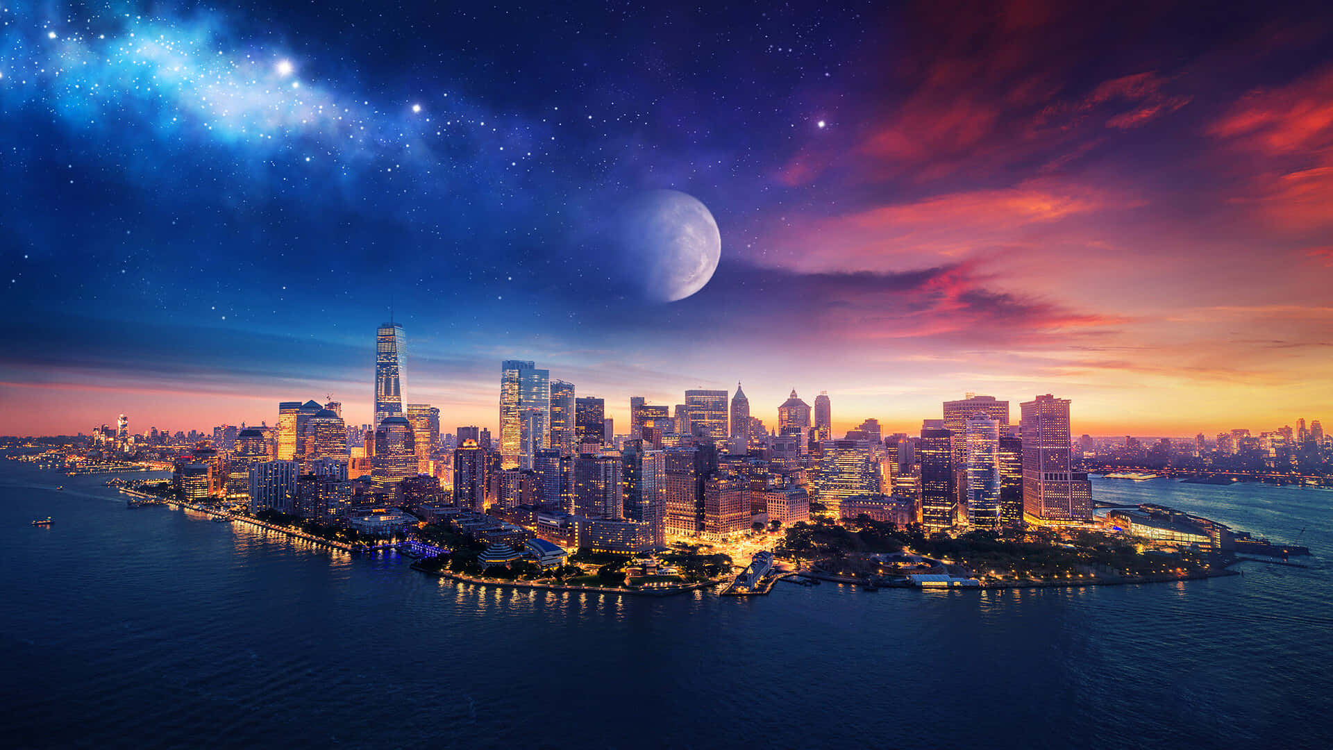 New York Art 桌布 壁紙 — 黃昏時分充滿活力的城市天際線，水面上有發光的月亮和星空。