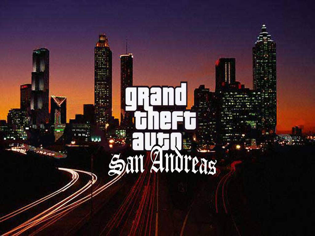 GTA 聖安地列斯 桌布 壁紙 — 黃昏時分充滿活力的城市天際線，閃爍的摩天大樓和移動汽車的光跡，在紫橙色天空下。