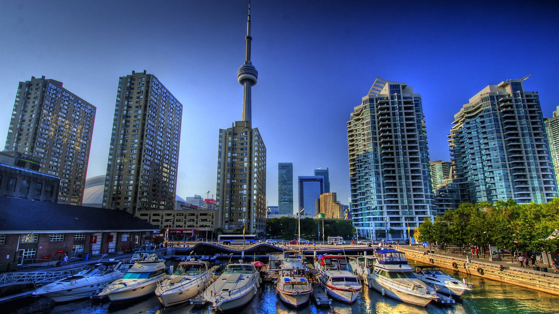 Toronto 桌布 壁紙 — 黃昏時分充滿活力的城市景觀，CN塔聳立在停滿船隻的碼頭和現代摩天大樓之上，倒映在水中。