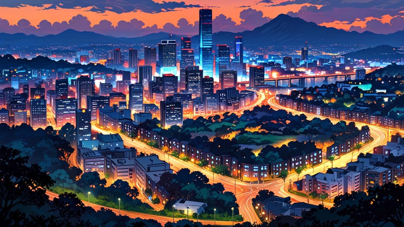 Neon City Nights 壁紙 — 黃昏時分充滿活力的城市景觀，發光的摩天大樓、蜿蜒的道路和遠處的山脈，在橙紫色天空下。