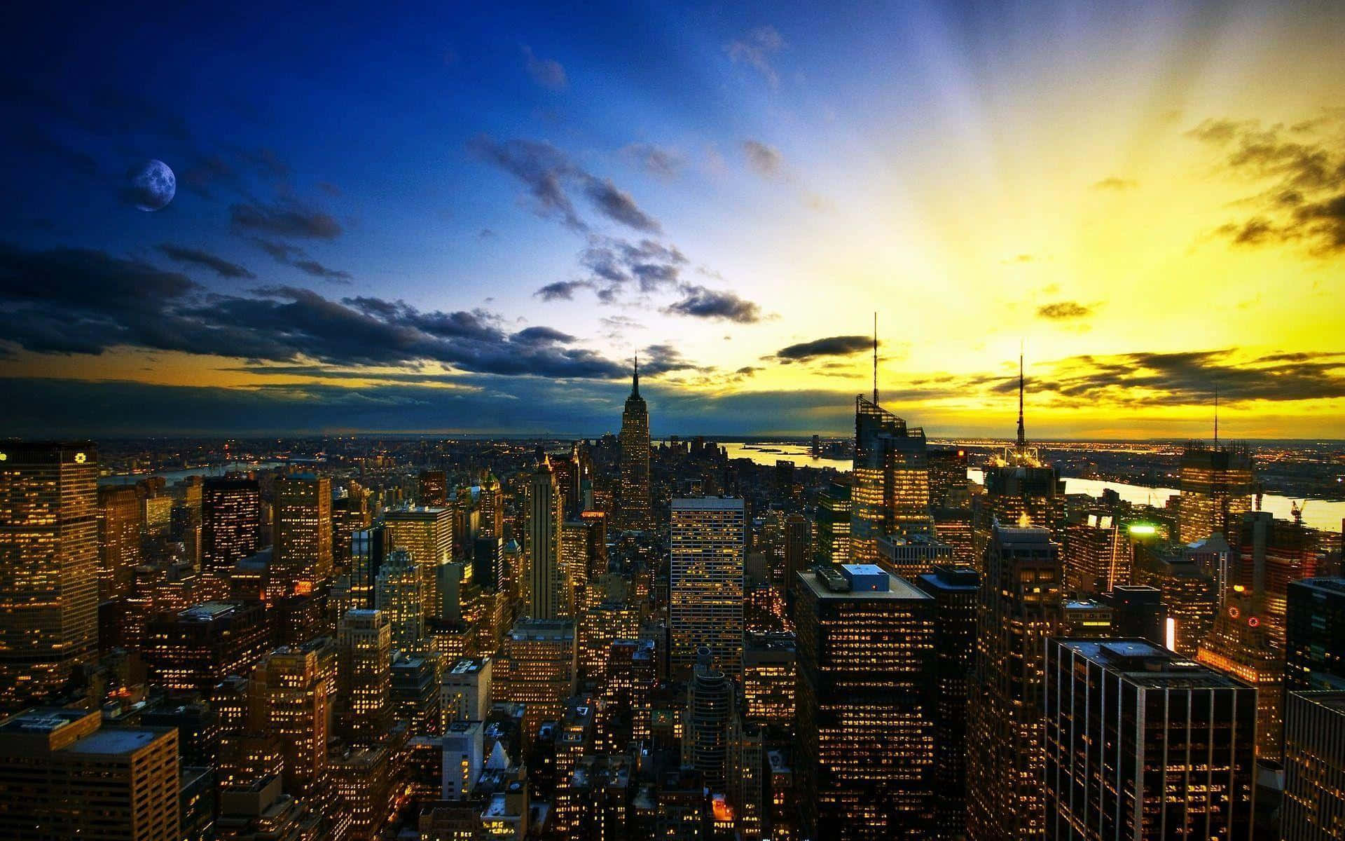 New York 桌布 壁紙 — 黃昏時分充滿活力的城市景觀，金色陽光穿透雲層，一彎新月高聳於摩天大樓之上。