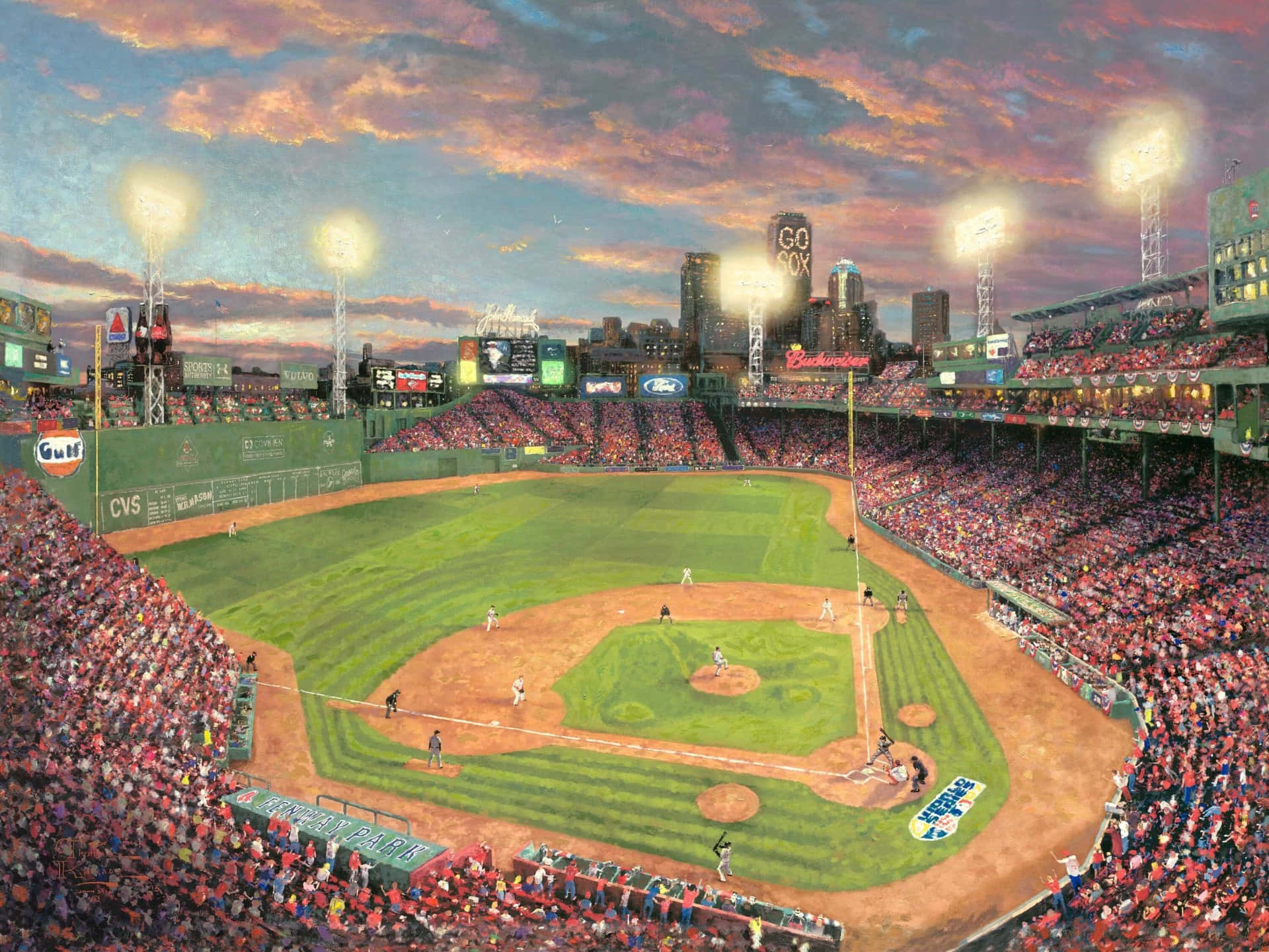 Baseball Field 桌布 壁紙 — 黃昏時分充滿活力的棒球場，在色彩繽紛的天空下，閃爍的燈光中擠滿了歡呼的球迷。