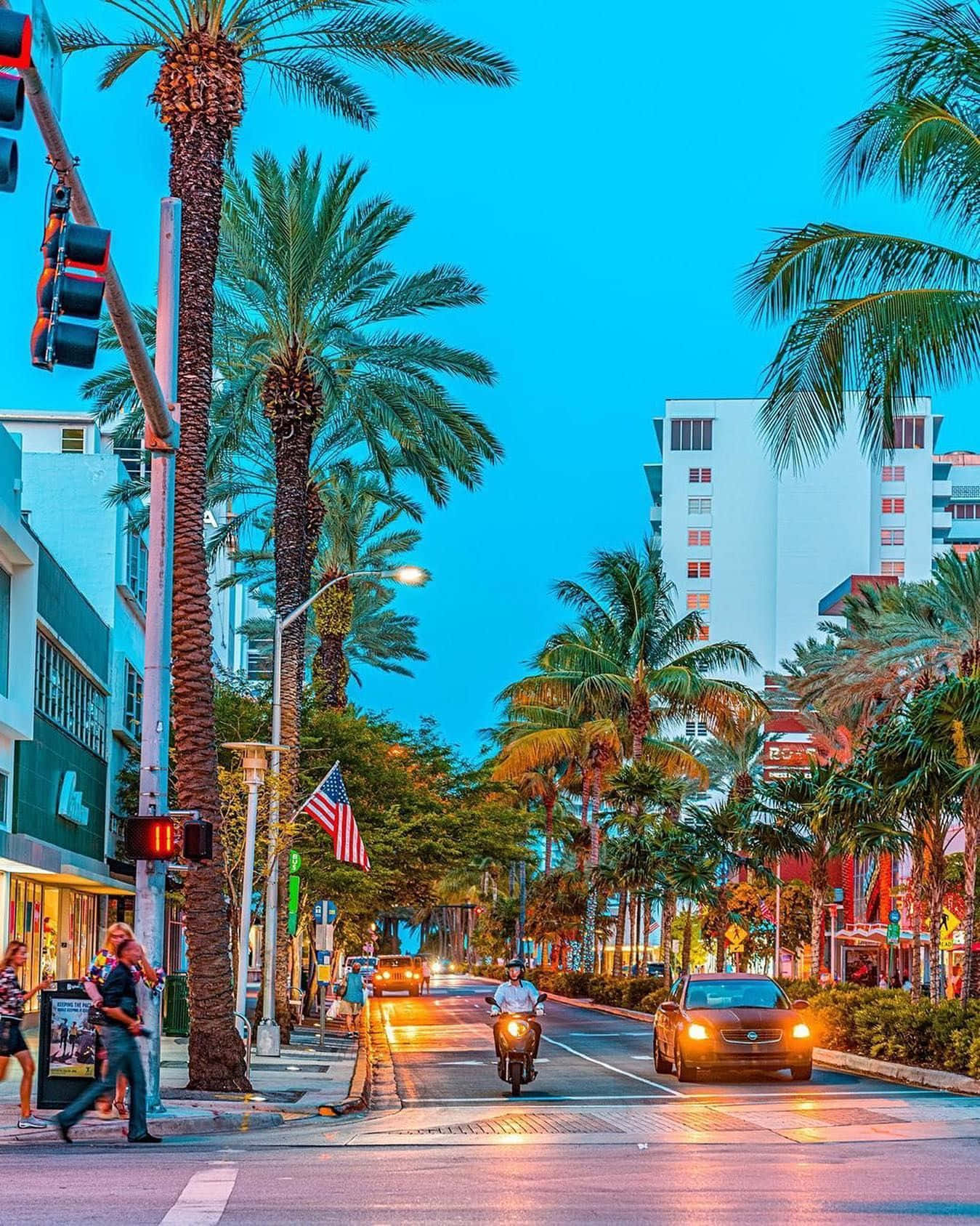 Miami 桌布 壁紙 — 黃昏時分充滿活力的街景，棕櫚樹排列在熱鬧的城市道路上，汽車和機車在發光的街燈下滑行。