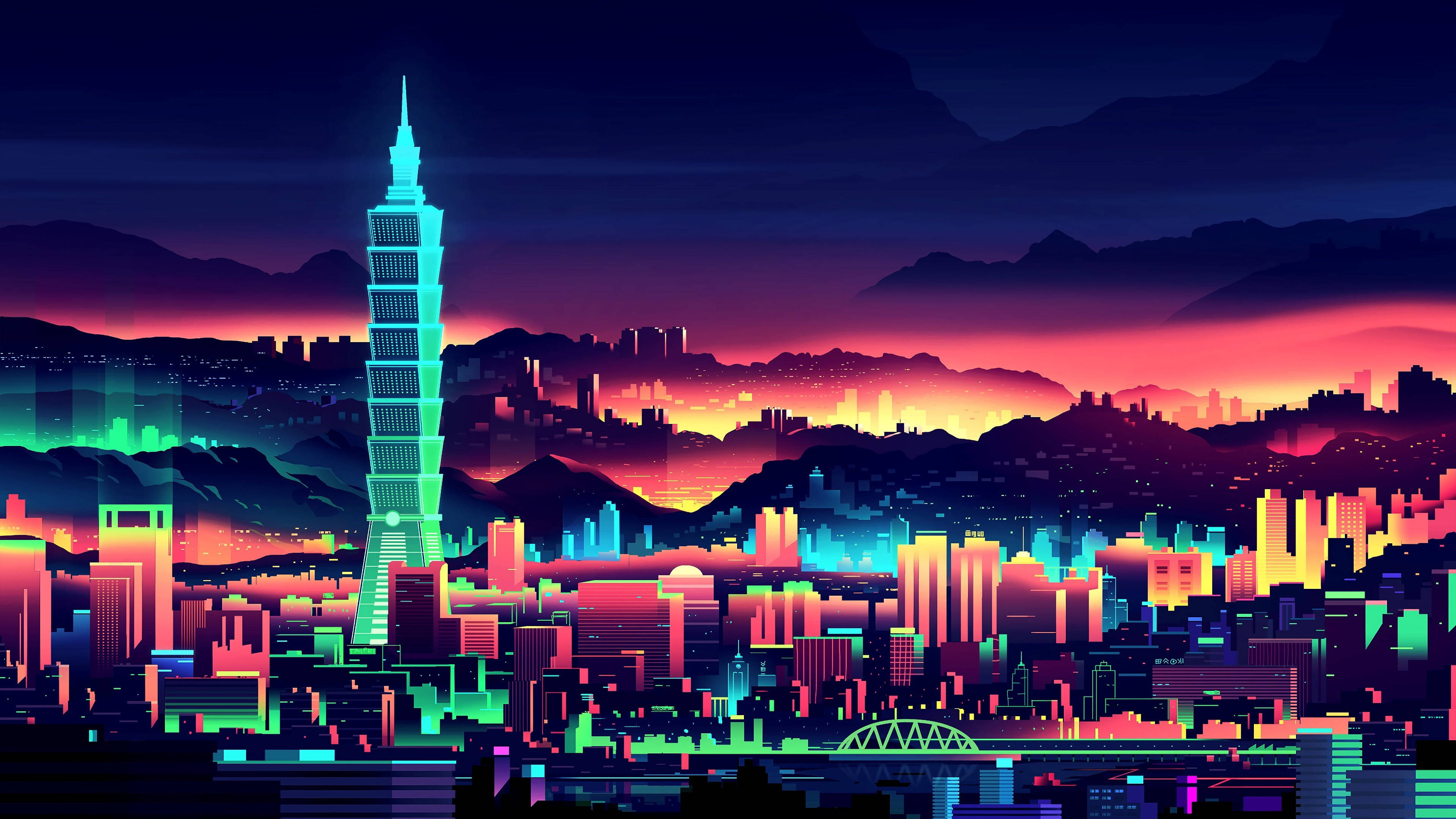 vector 桌布 壁紙 — 黃昏時分充滿活力的霓虹城市景觀，發光的台北101塔映襯著紫橙色天空和山脈輪廓。