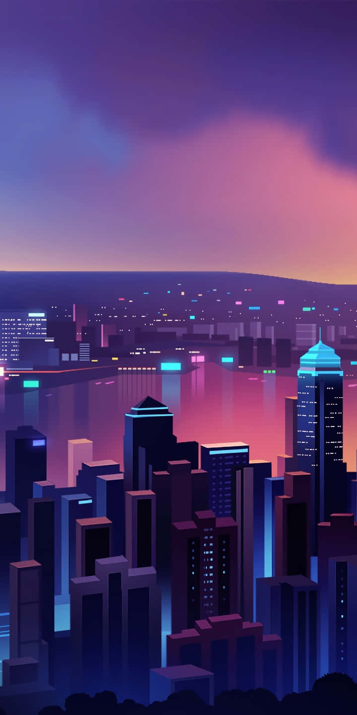 Neon City Aesthetic 桌布 壁紙 — 黃昏時分充滿活力的霓虹城市景觀，高聳的摩天大樓在水面上反射出粉紅色和藍色的燈光。