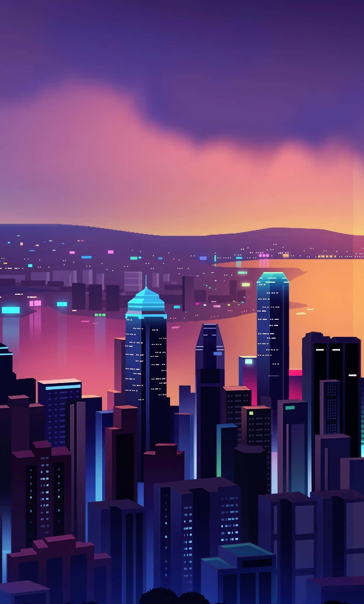 Contemporary 桌布 壁紙 — 黃昏時分充滿活力的霓虹城市景觀，高聳的摩天大樓在紫橙色天空下閃耀。