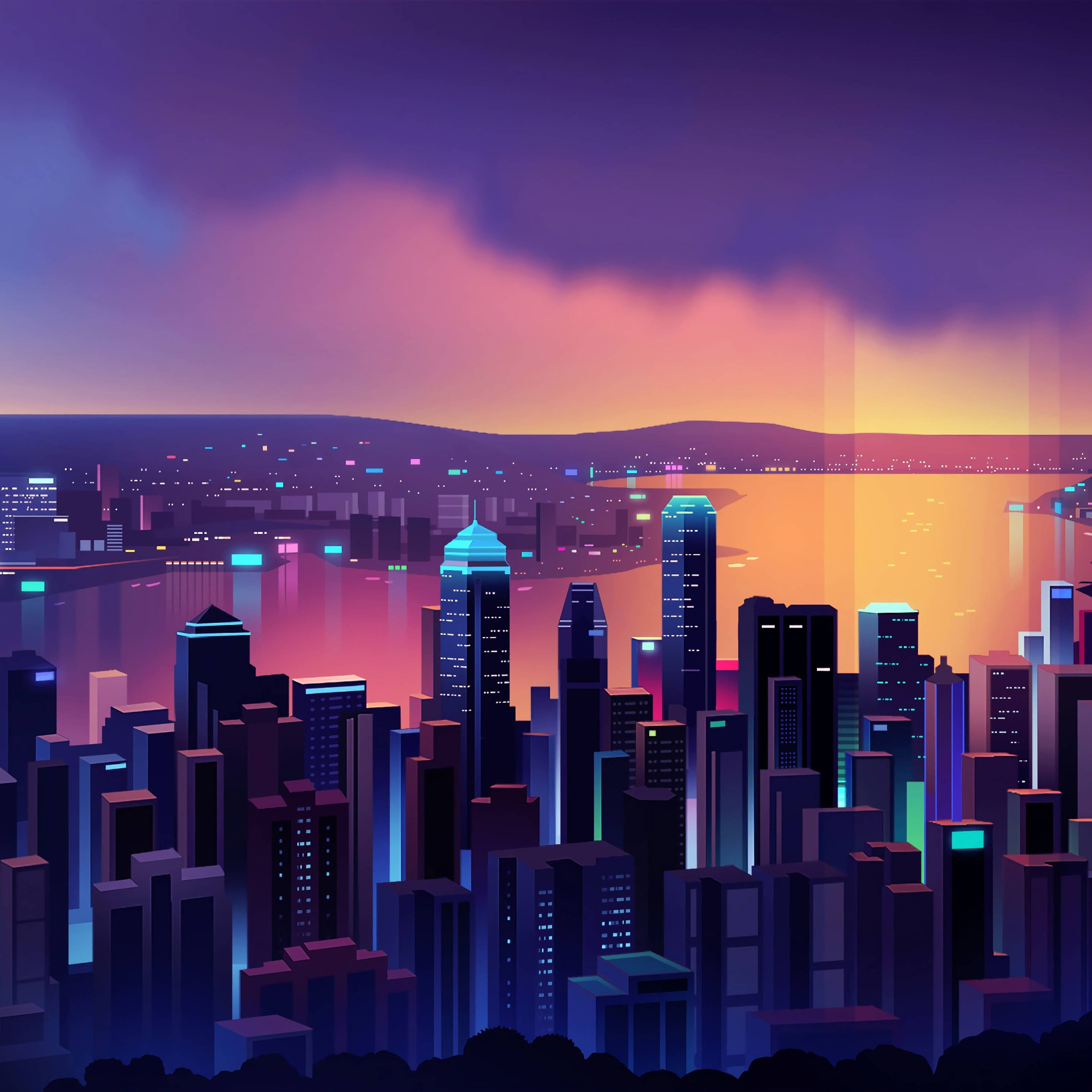 夜空 桌布 壁紙 — 黃昏時分充滿活力的霓虹城市景觀，高聳的摩天大樓在紫橙色天空的映襯下閃耀。