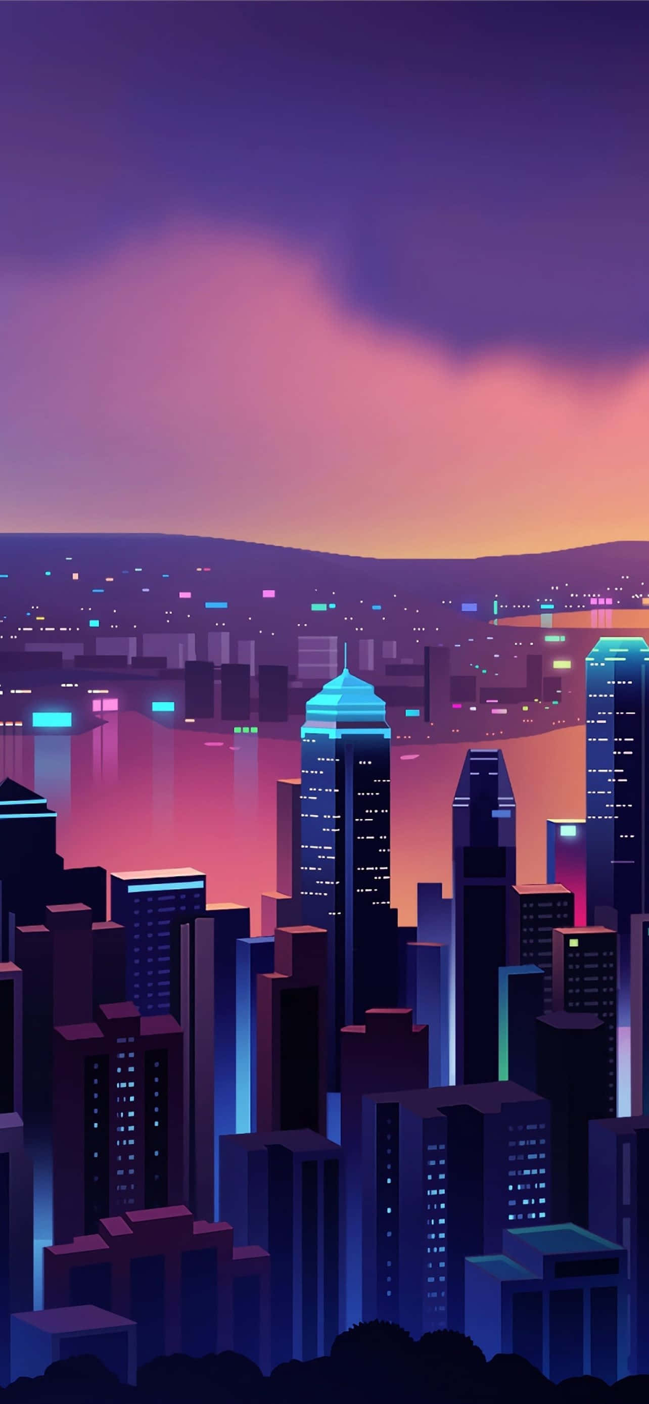 Minimalist Colorful 桌布 壁紙 — 黃昏時分充滿活力的霓虹燈城市景觀，高聳的摩天大樓在紫色和橙色的天空下閃耀。