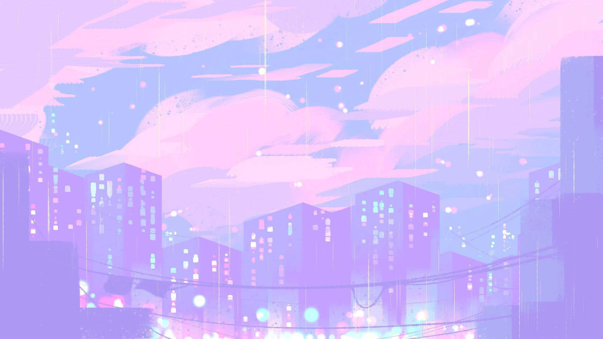 Aesthetic Anime City 桌布 壁紙 — 黃昏時分夢幻的紫色和粉紅色城市景觀，發光的窗戶和柔和的雨水落在風格化的建築上。
