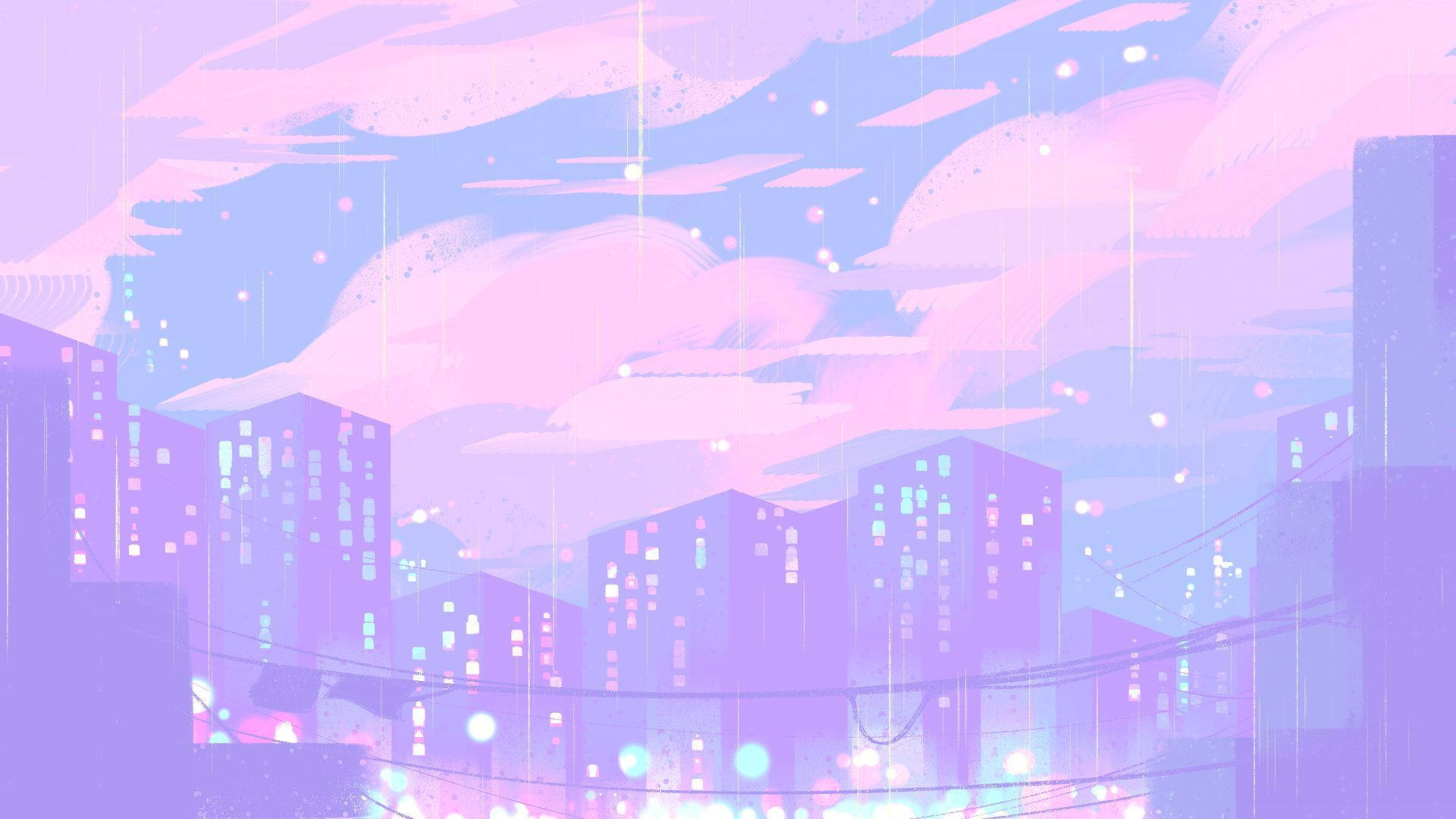 Purple Aesthetic Anime 桌布 壁紙 — 黃昏時分夢幻的紫色和粉紅色城市景觀，發光的窗戶和柔和的雨穿過粉彩雲層落下。