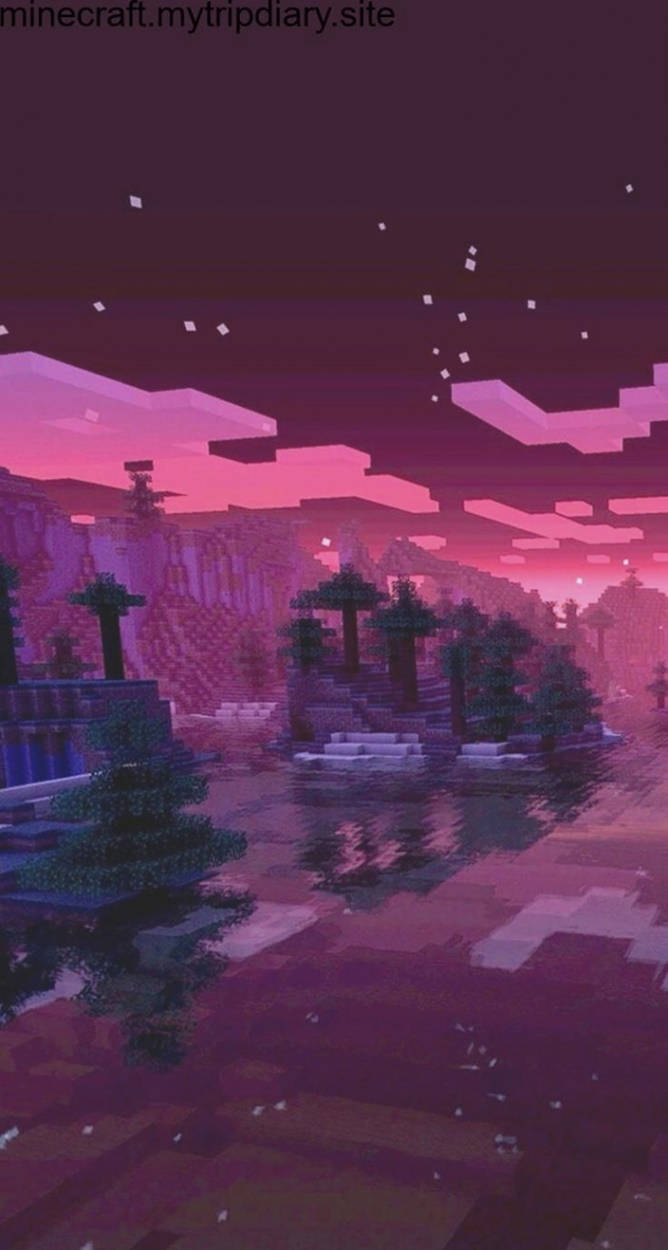 Minecraft iPhone 桌布 壁紙 — 黃昏時分寧靜的Minecraft景觀，粉紅色的天空倒映在水面上，周圍是方塊狀的樹木和浮空島嶼。