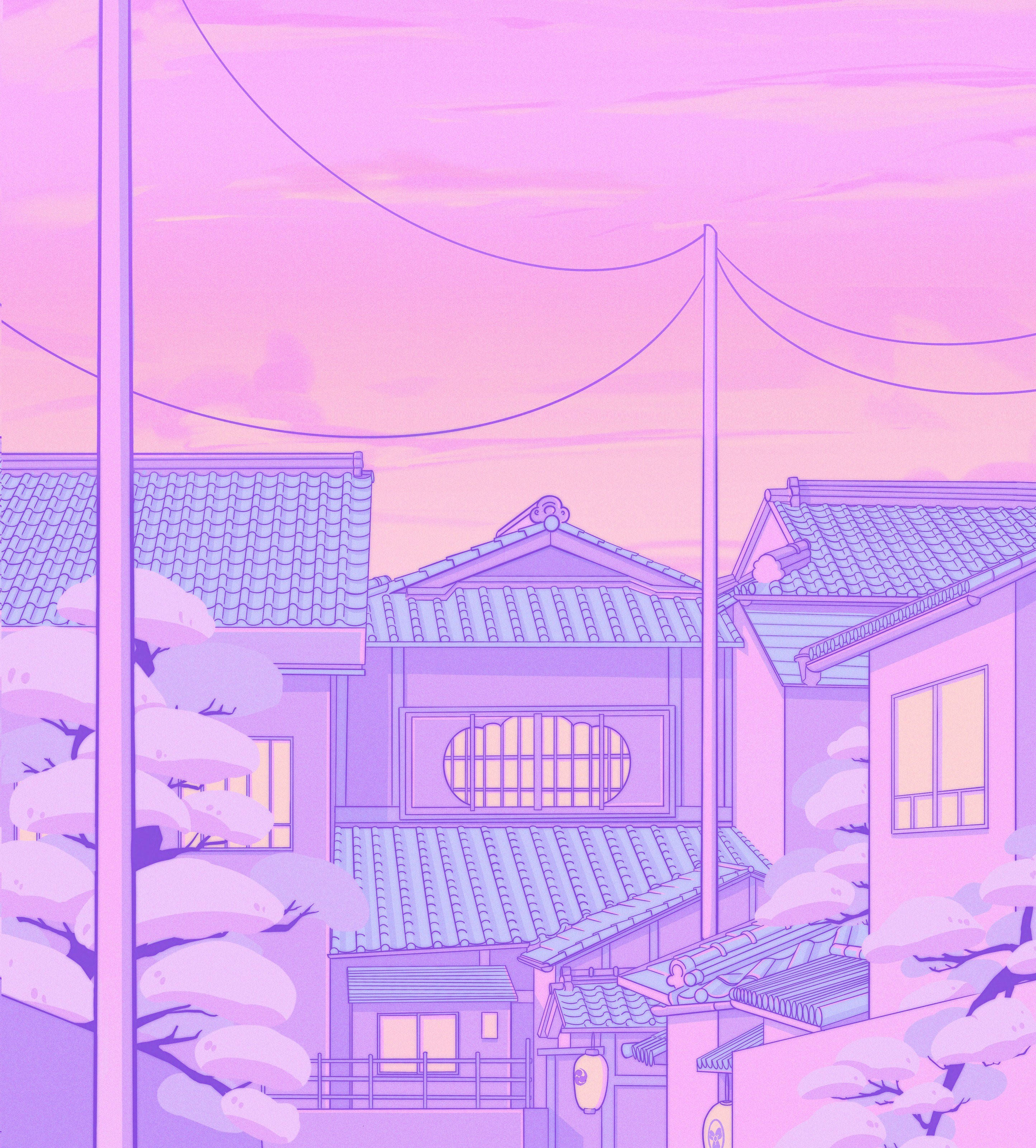pastel 桌布 壁紙 — 黃昏時分寧靜的動畫風格村莊，粉紫色屋頂和發光的窗戶，周圍環繞著櫻花。