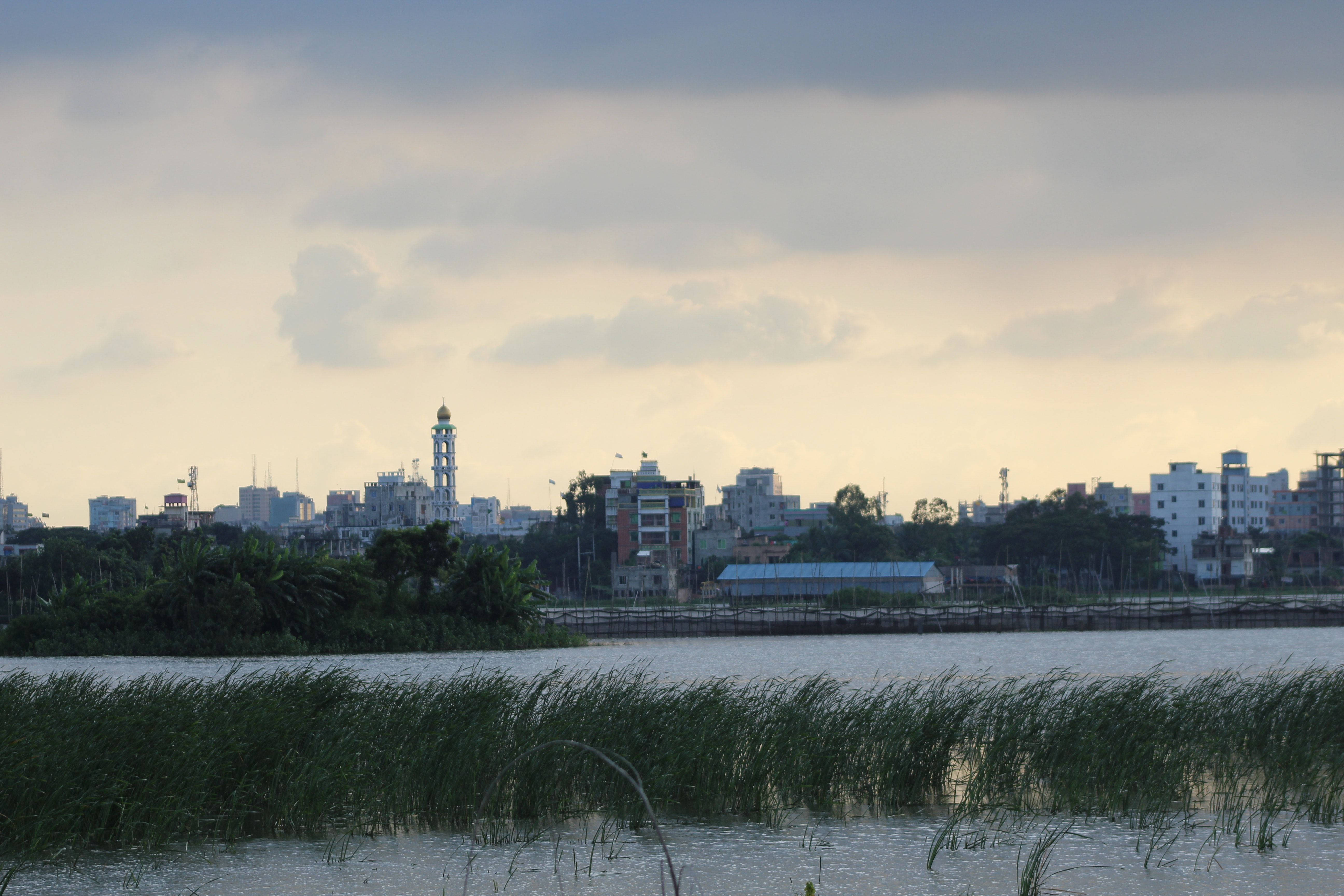 Dhaka 桌布 壁紙 — 黃昏時分寧靜的城市海濱，前景有高高的蘆葦，城市天際線在柔和的多雲天空下。