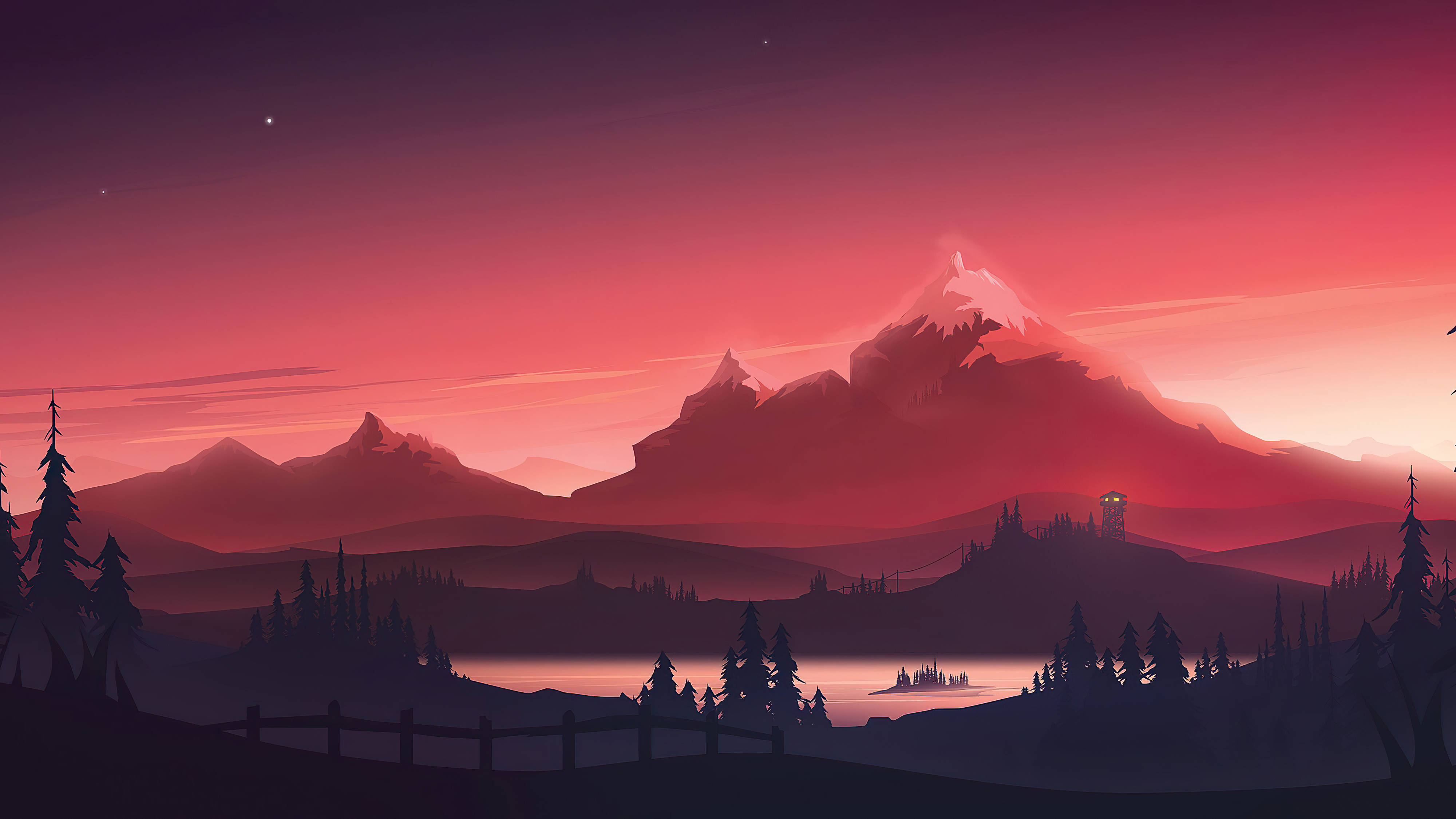 4K Pc 桌布 壁紙 — 黃昏時分寧靜的山景，剪影樹木和發光的粉紅色天空在白雪覆蓋的山峰之上。