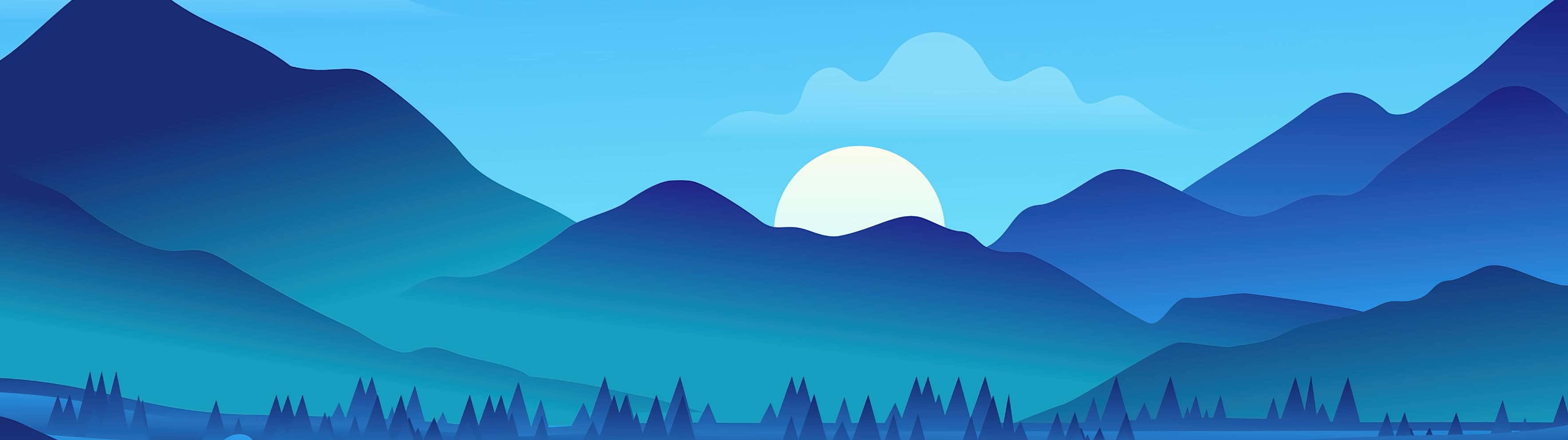 山景 桌布 壁紙 — 黃昏時分寧靜的山景，層疊的藍色山峰和雲後發光的太陽。
