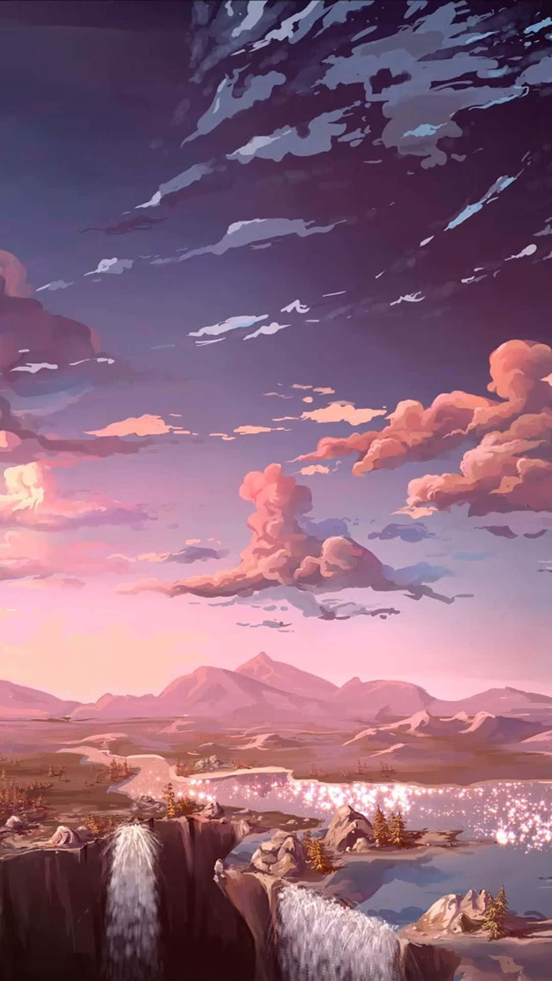 Clouds Aesthetics 桌布 壁紙 — 黃昏時分寧靜的山谷，發光的瀑布和粉紫色雲彩在上方。
