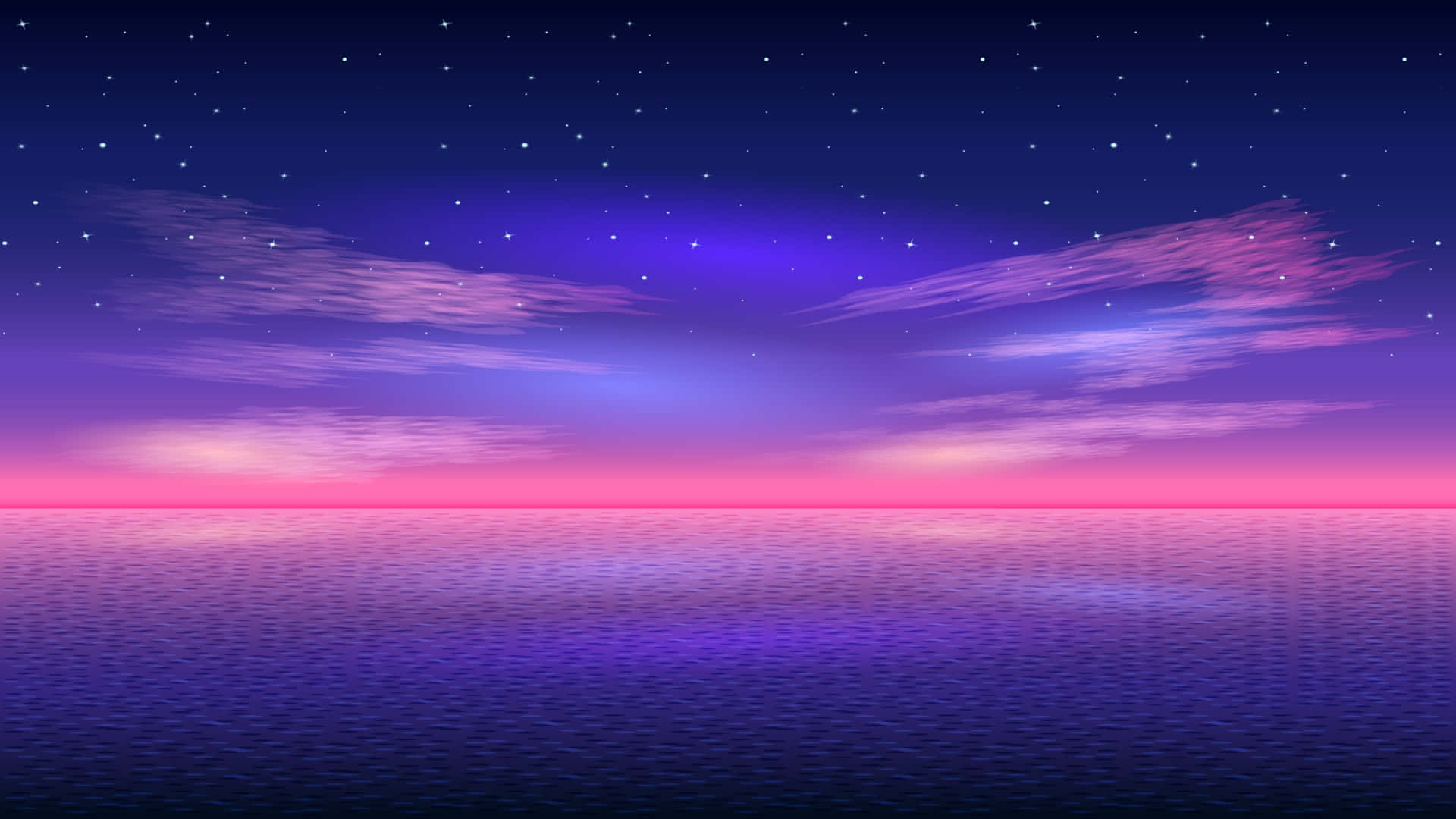 Horizon 桌布 壁紙 — 黃昏時分寧靜的數位海景，紫色、粉紅色和藍色的漸變天空在星空下的平靜水面上反射。