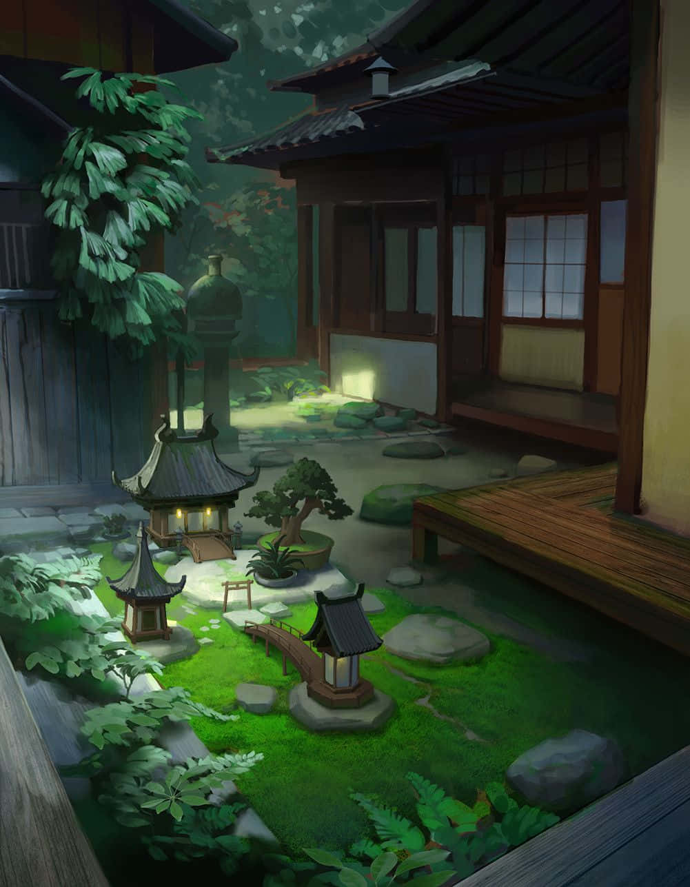 Anime Garden 桌布 壁紙 — 黃昏時分寧靜的日本庭園庭院，有發光的燈籠、石徑和傳統木造建築，沐浴在柔和環境光中。