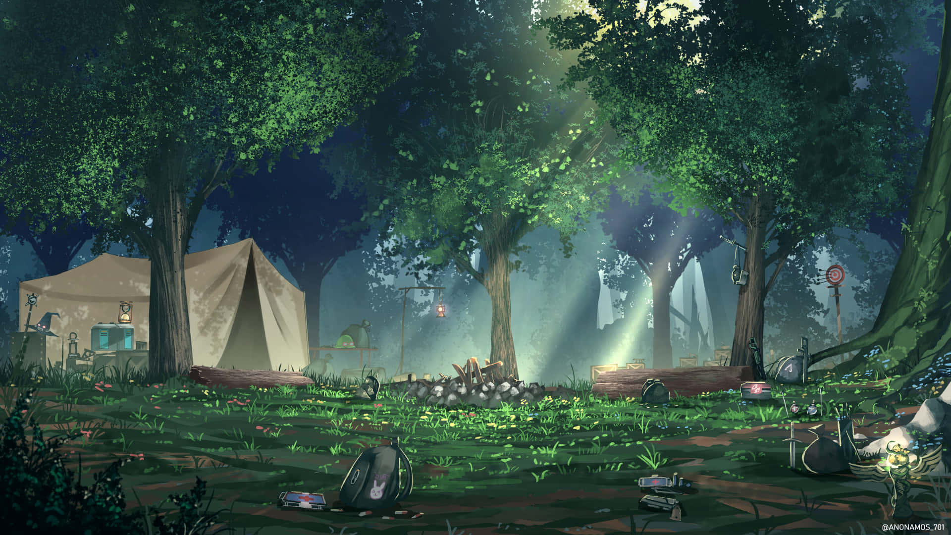 Camp 桌布 壁紙 — 黃昏時分寧靜的森林營地，帳篷、發光的燈籠和穿過茂密綠色樹冠的陽光。