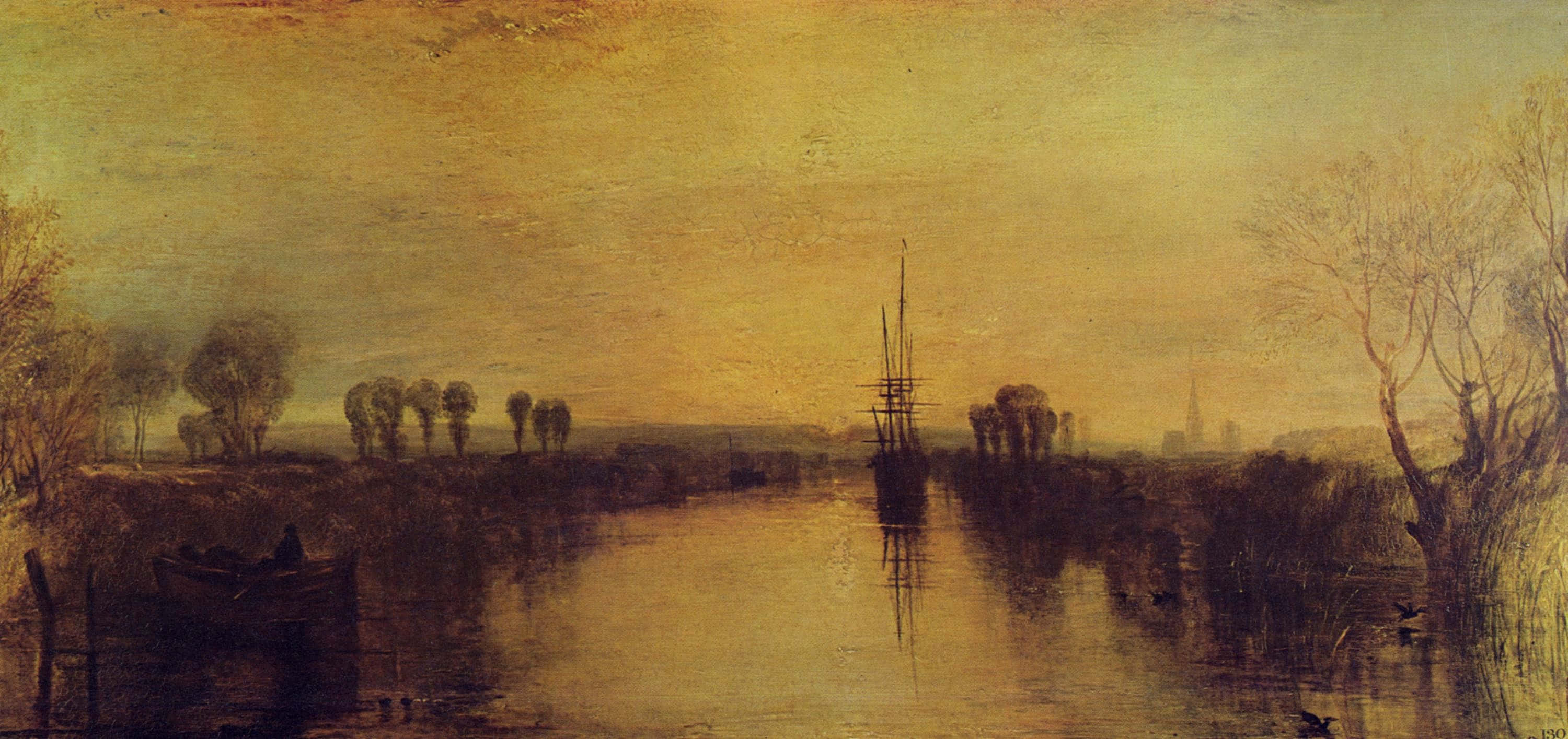 Painting 桌布 壁紙 — 黃昏時分寧靜的河景，一艘高桅帆船在金色天空下行駛，天空倒映在平靜的水面上，兩岸是光禿禿的樹木。
