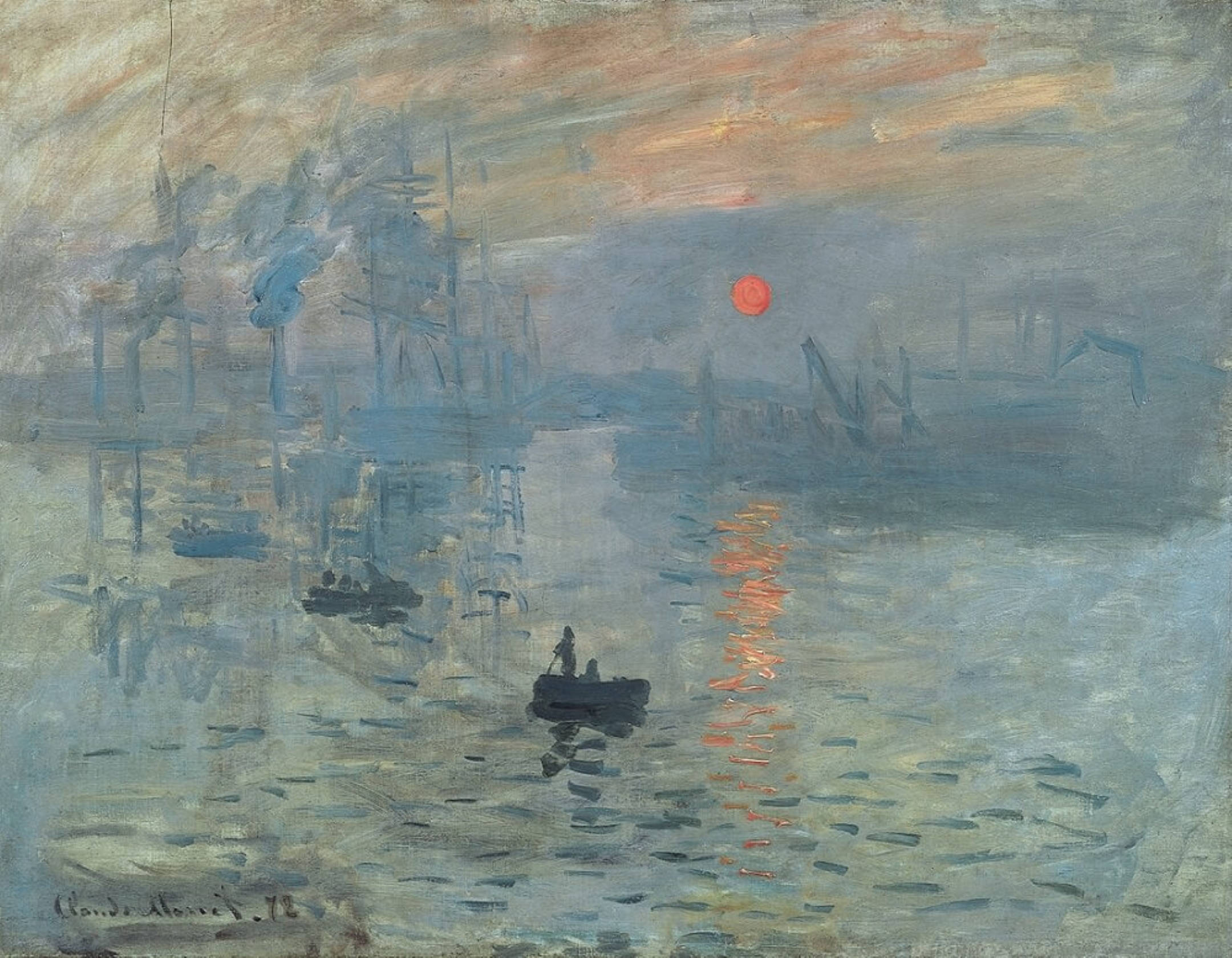 Monet 桌布 壁紙 — 黃昏時分寧靜的港口，一輪發光的紅日倒映在平靜的水面上，船隻呈現剪影。