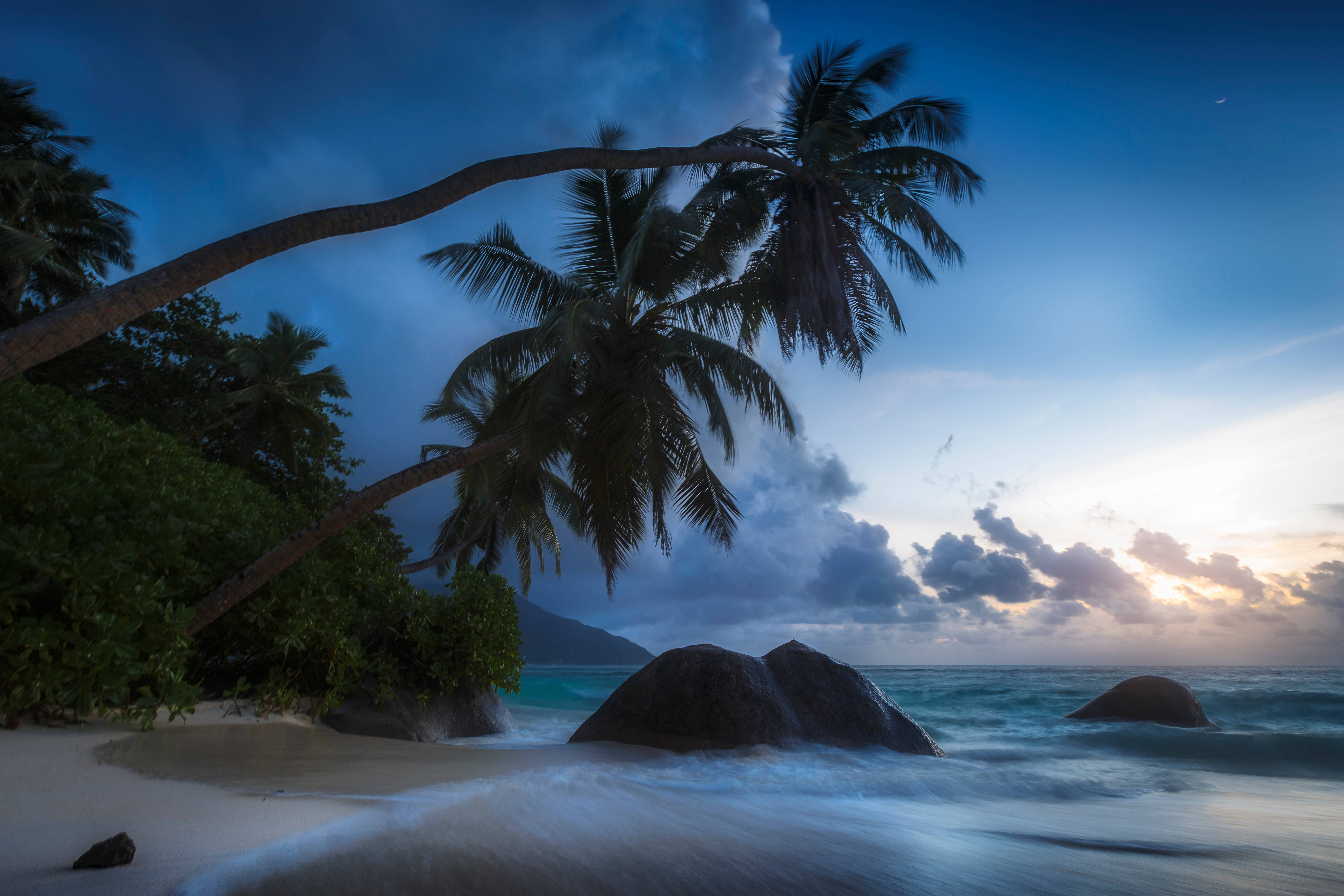 Seychelles 桌布 壁紙 — 黃昏時分寧靜的熱帶海灘，棕櫚樹斜倚在碧綠的海水和深色岩石上，天空佈滿戲劇性的雲層。