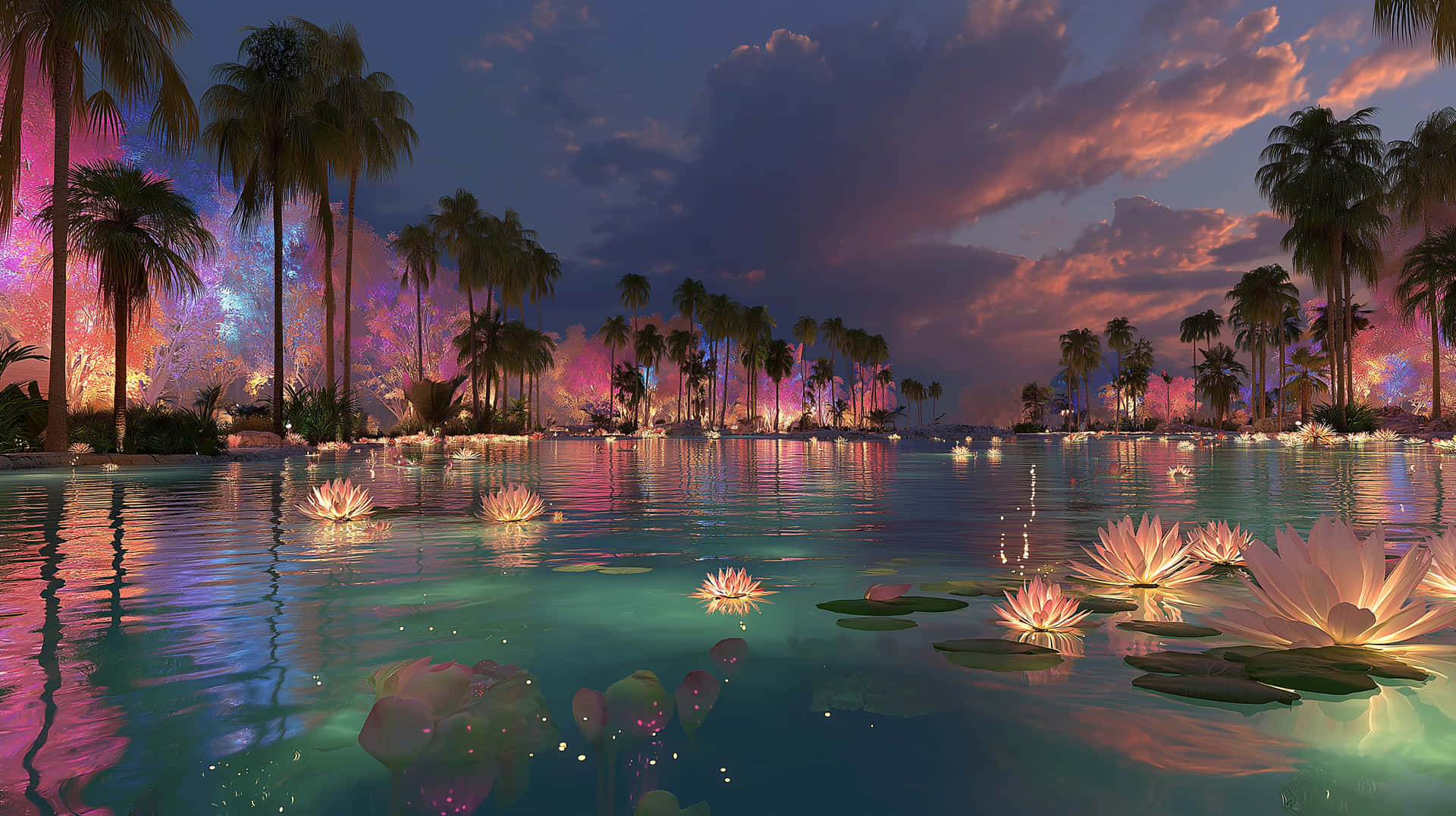Enchanted Lagoon with Bioluminescent Flora at Twilight 壁紙 — 黃昏時分寧靜的熱帶潟湖，發光的蓮花漂浮在碧綠的水面上，周圍環繞著棕櫚樹，天空呈現鮮豔的粉紅色和紫色。