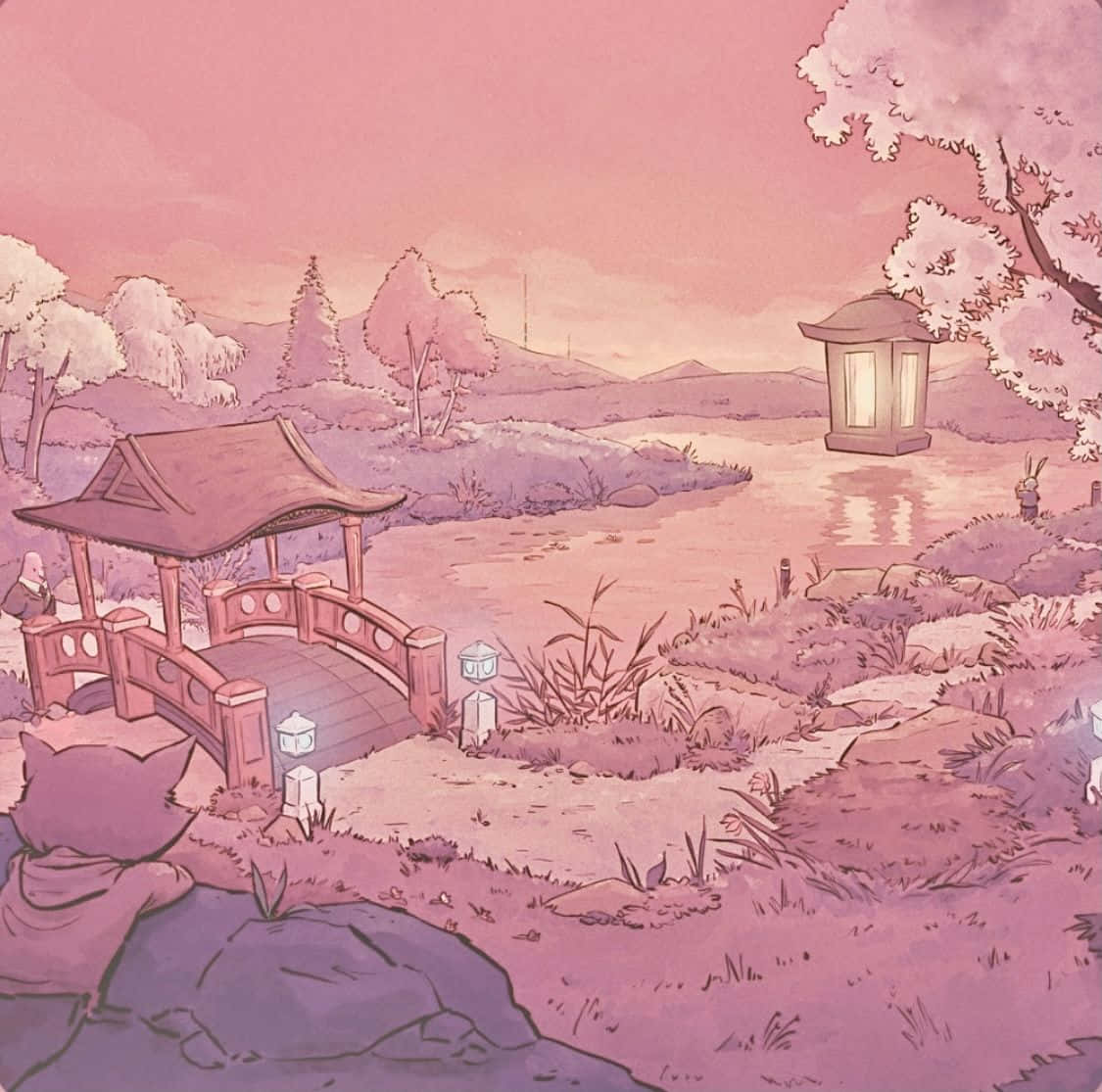 Aesthetic Pink Anime 桌布 壁紙 — 黃昏時分寧靜的粉紅色日本花園，石橋、燈籠和櫻花在柔和暮色下綻放。