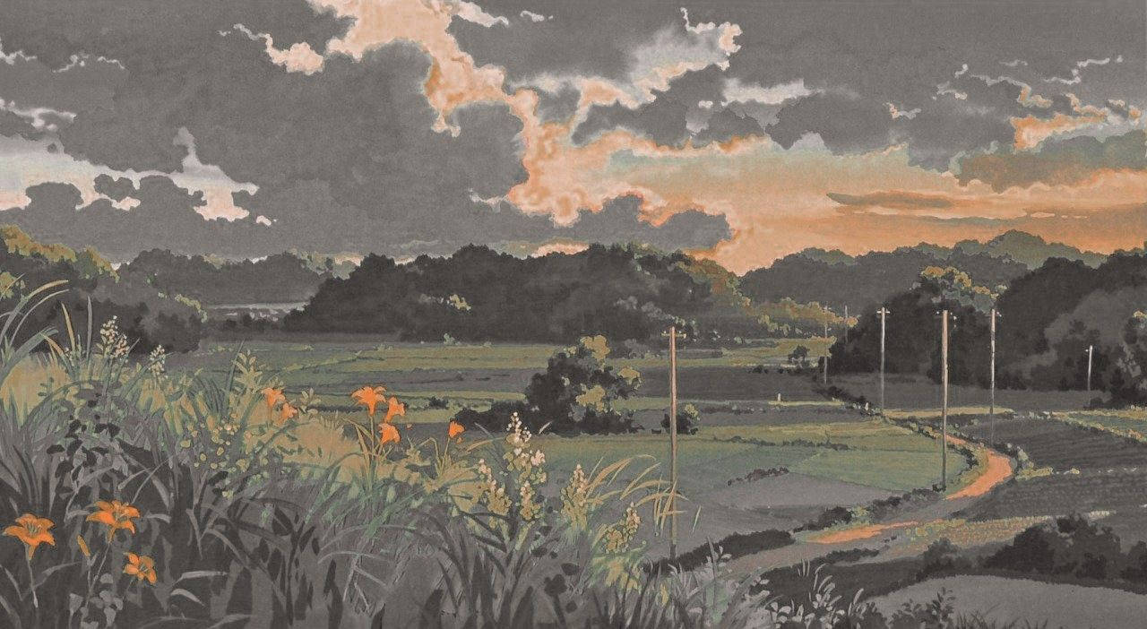 高清 桌布 壁紙 — 黃昏時分寧靜的鄉村風景，前景有橙色百合花，蜿蜒的道路在戲劇性的多雲天空下。