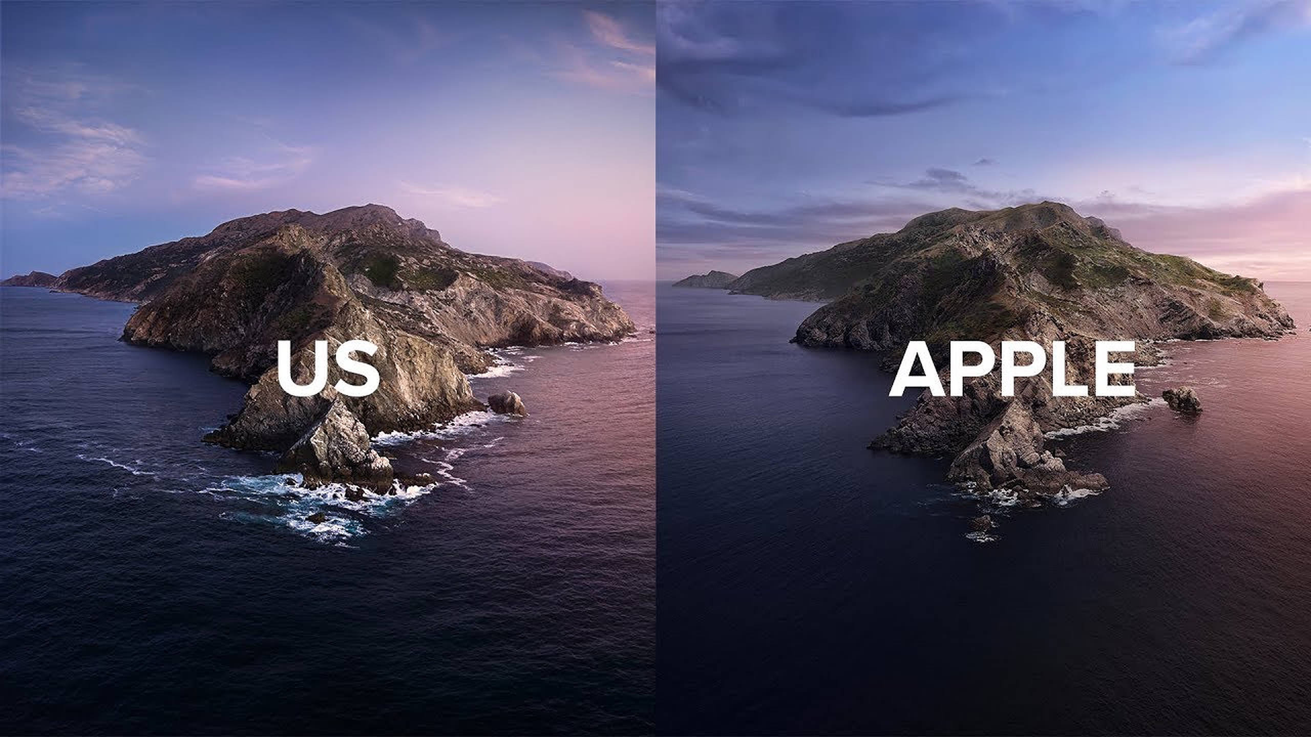 Catalina 桌布 壁紙 — 黃昏時分崎嶇海岸島嶼的分屏航拍視圖，帶有「US」和「APPLE」文字疊加。