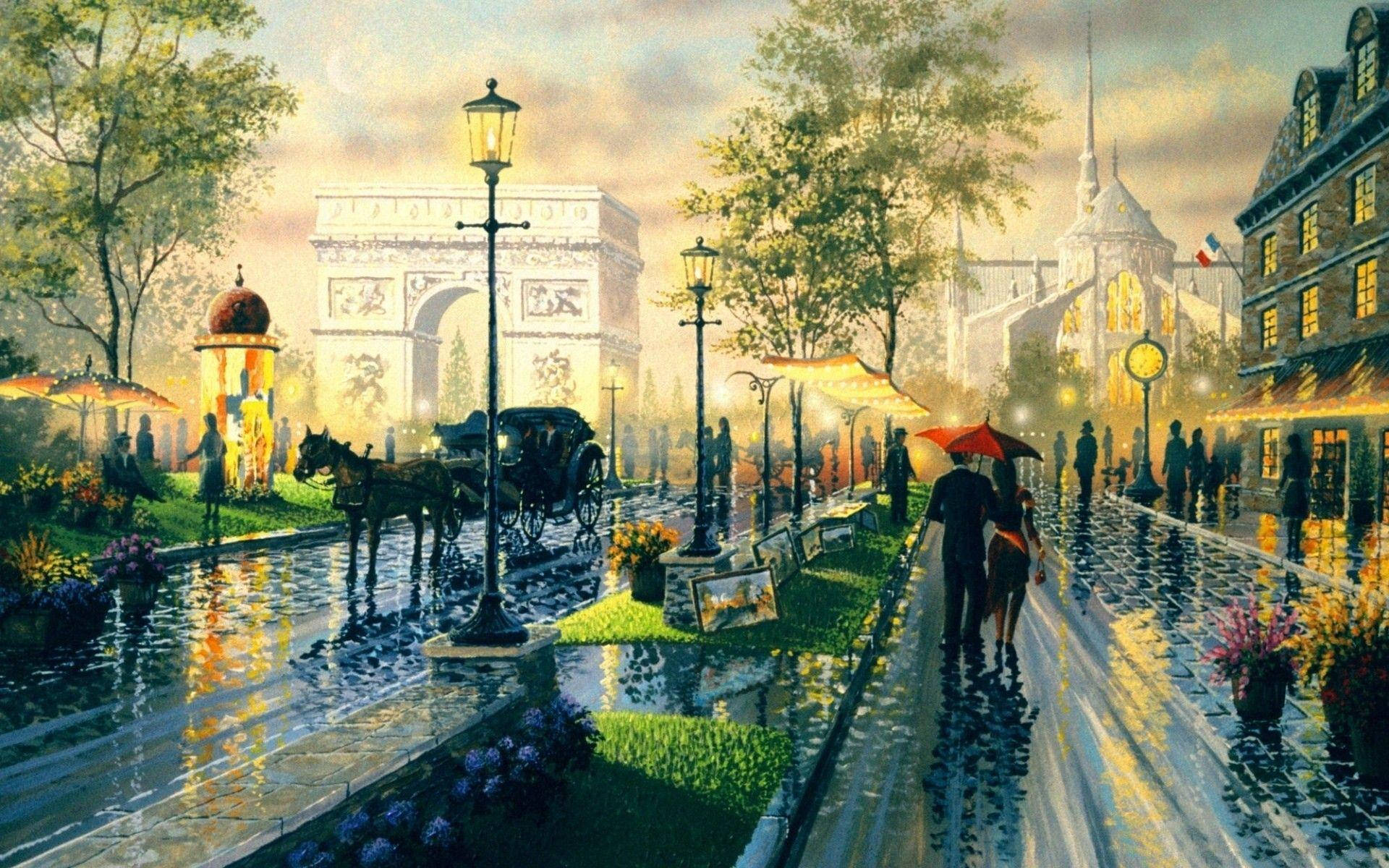 城市 桌布 壁紙 — 黃昏時分巴黎浪漫的街景，雨水反射著路燈和建築物的溫暖燈光。