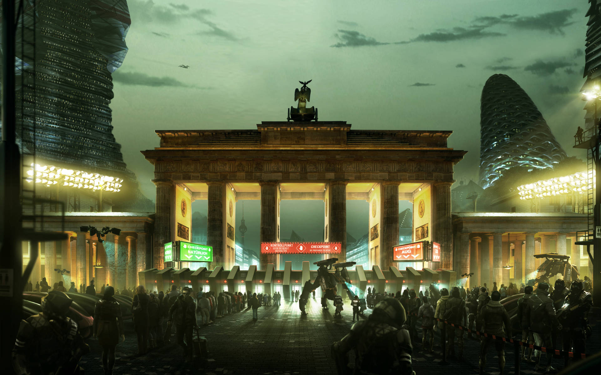 Berlin 桌布 壁紙 — 黃昏時分未來主義的柏林勃蘭登堡門，發光的霓虹燈牌聳立於人群和巨型機器人之上，構成賽博龐克城市景觀。
