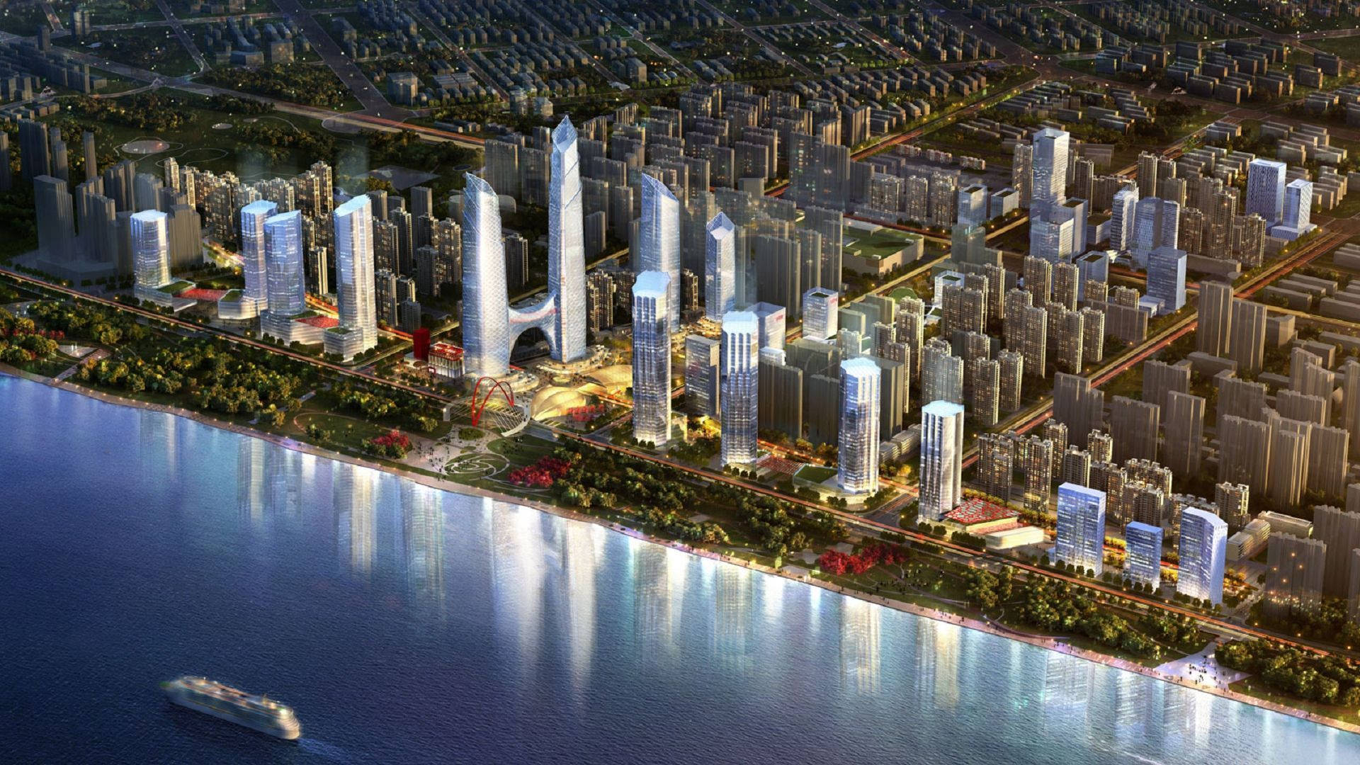 Wuhan 桌布 壁紙 — 黃昏時分未來城市景觀的鳥瞰圖，發光的摩天大樓倒映在平靜的河面上，一艘遊輪駛過。