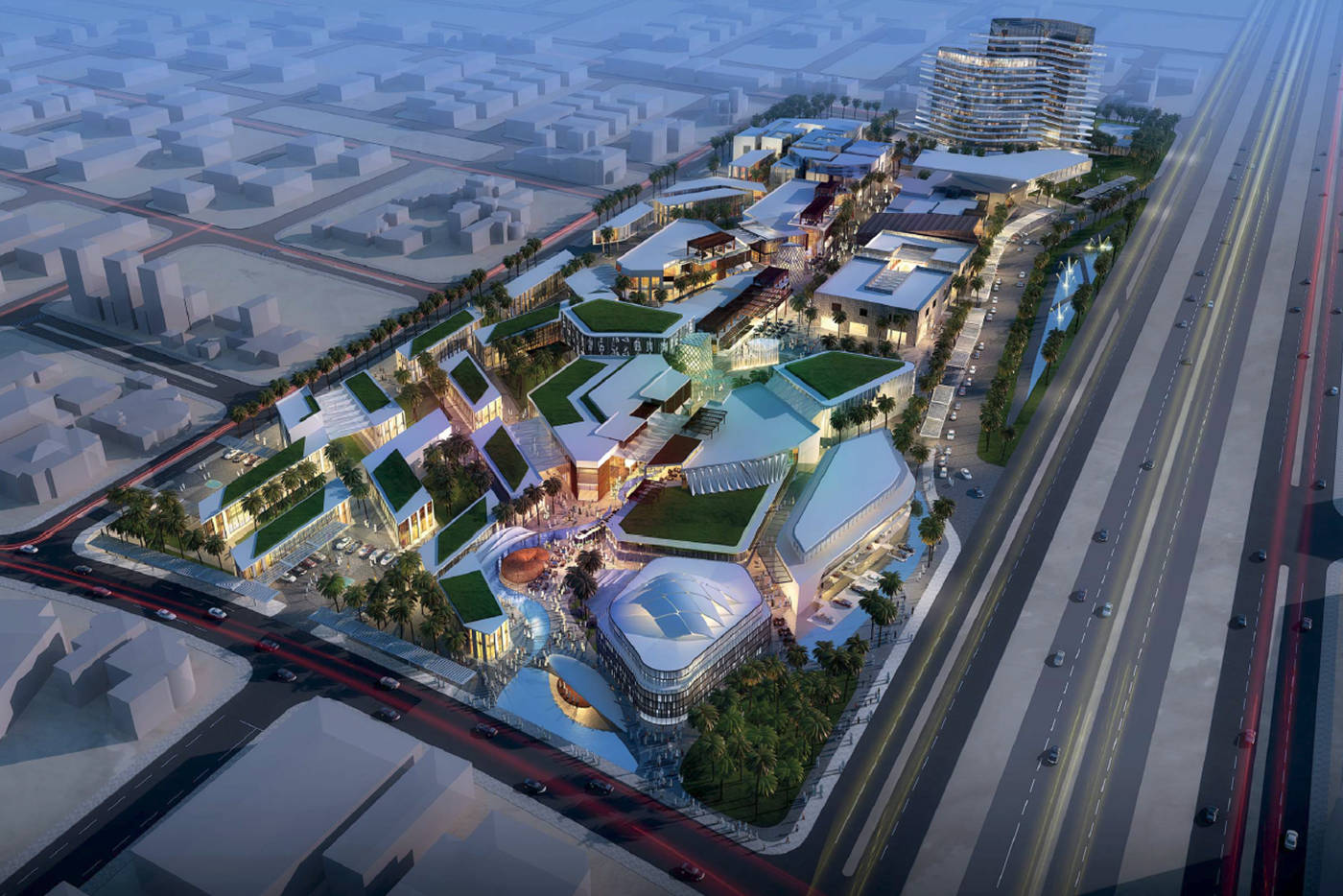 Riyadh 桌布 壁紙 — 黃昏時分未來城市發展的鳥瞰圖，有發光的建築物、綠色屋頂和繁忙的高速公路。