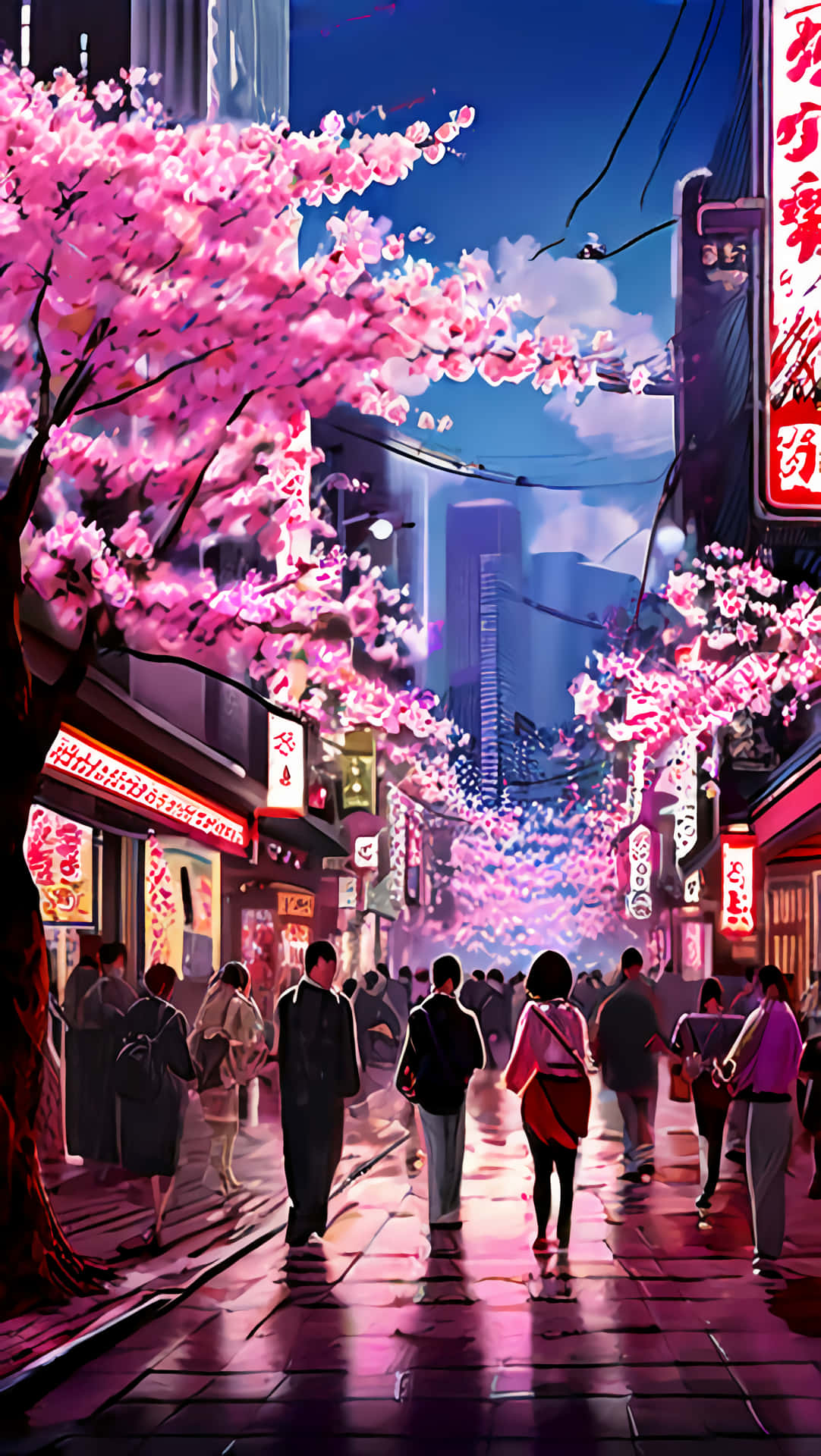 anime city Japan 壁紙 — 黃昏時分東京一條充滿活力的霓虹燈街道，櫻花在頭頂盛開，行人走在發光的招牌下。