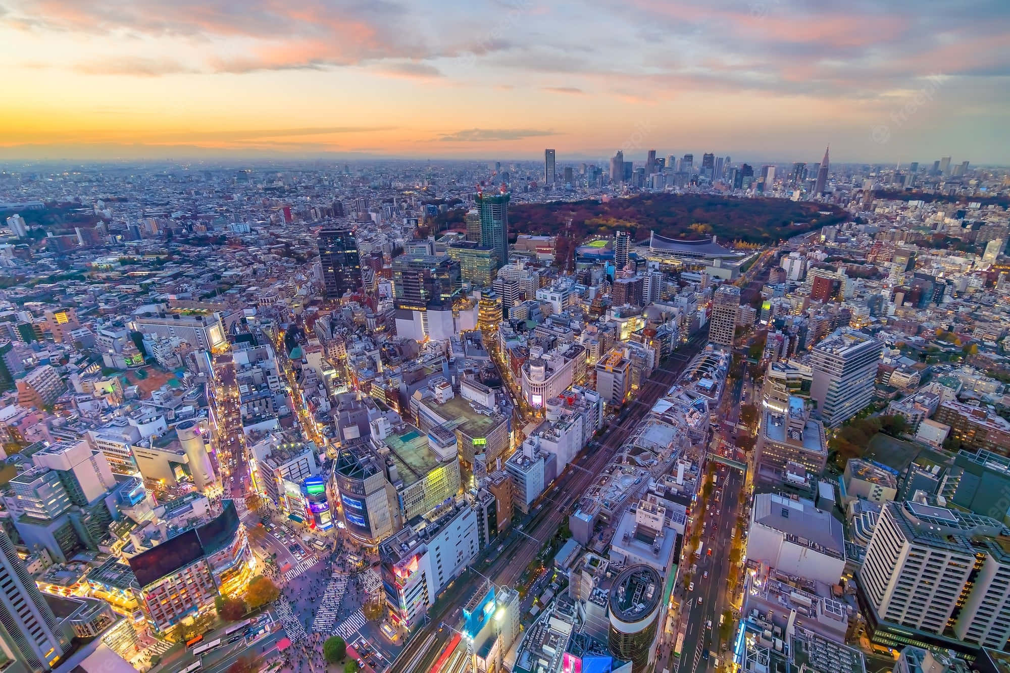 Harajuku 桌布 壁紙 — 黃昏時分東京的鳥瞰圖，霓虹燈招牌閃爍，密集的城市網格逐漸消失在暮色中。