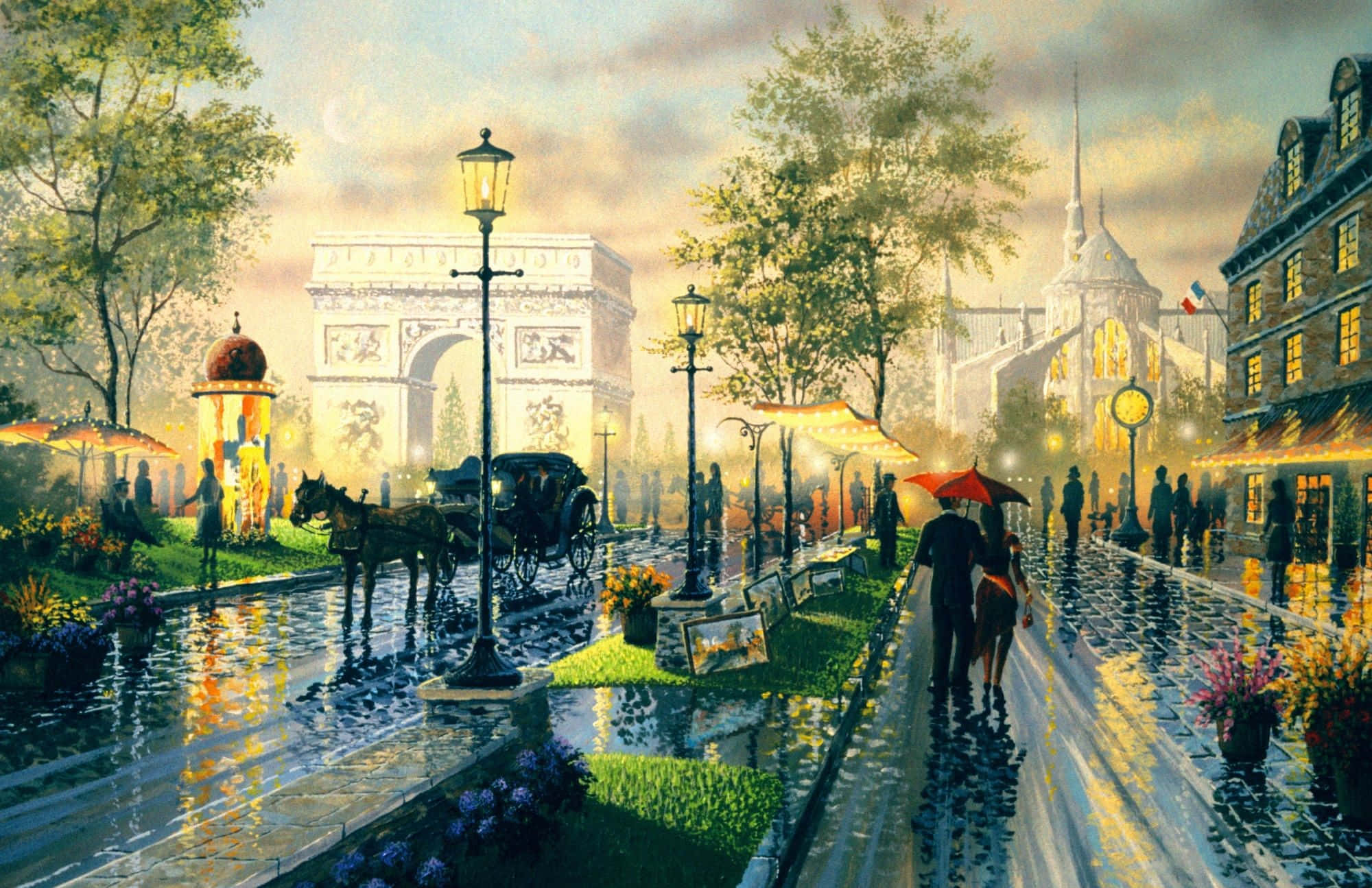 Paris Desktop 桌布 壁紙 — 黃昏時分浪漫的巴黎街景，一對情侶撐著傘走過凱旋門和濕漉漉的鵝卵石上閃爍的路燈。