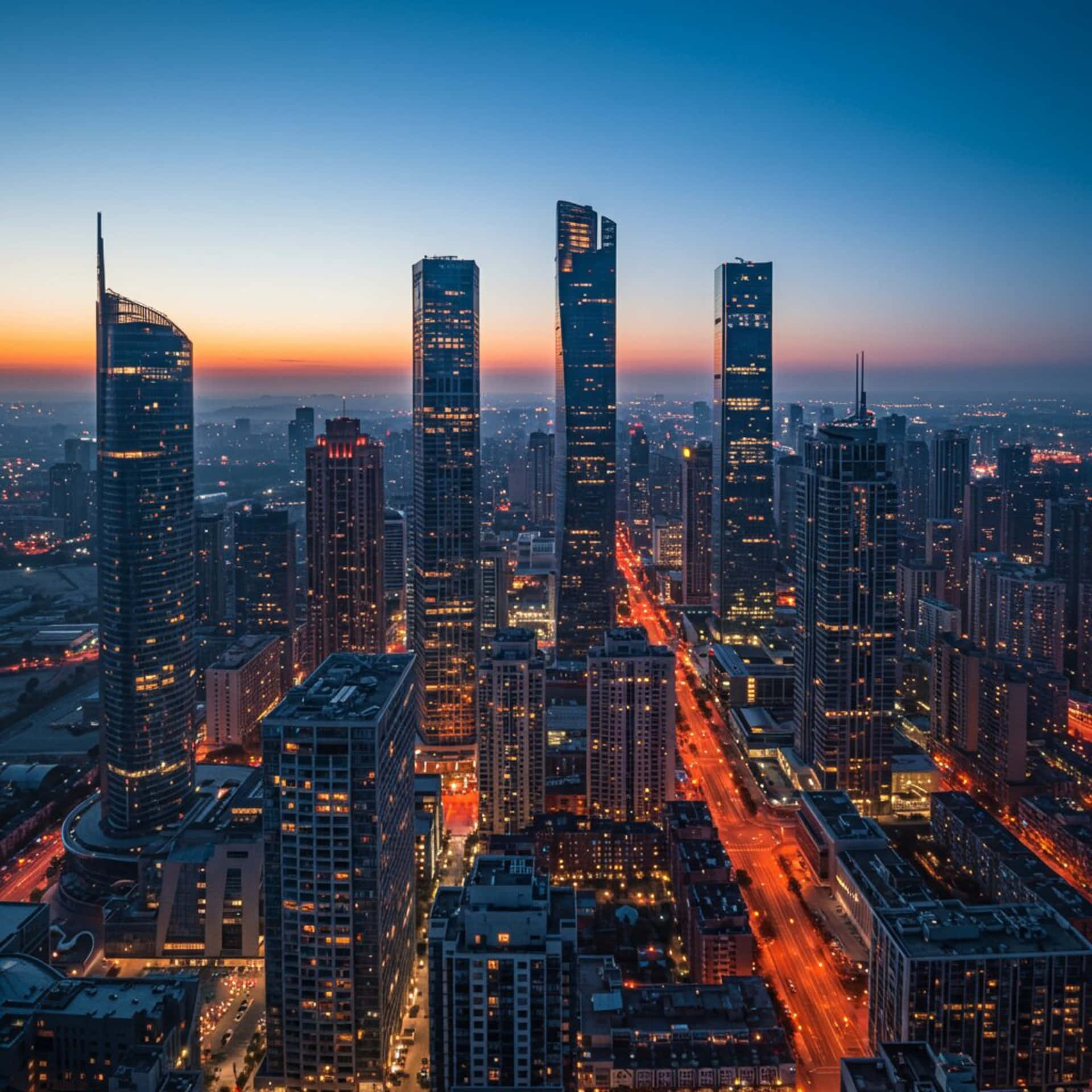 City skyline 壁紙 — 黃昏時分現代摩天大樓的鳥瞰圖，閃爍的窗戶和橙色街燈映襯著漸變的天空。