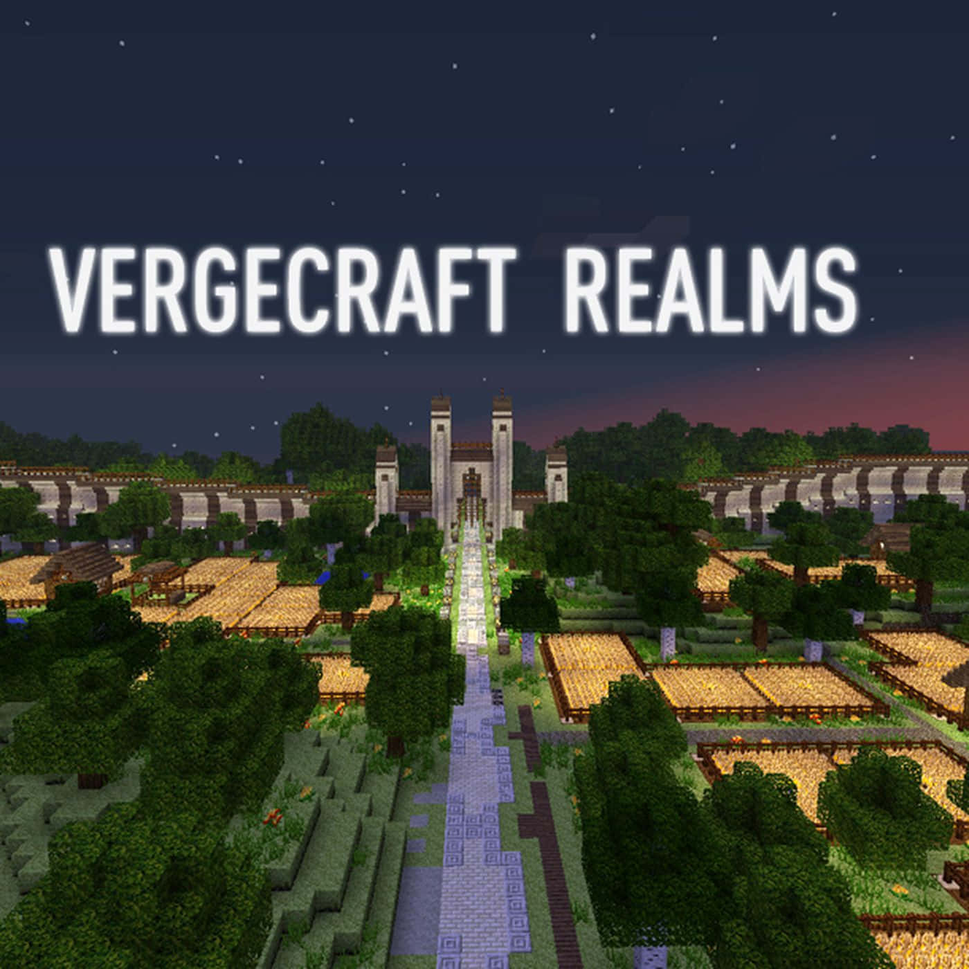 Minecraft Server 桌布 壁紙 — 黃昏時分的Minecraft村莊，發光的燈籠照亮一條石徑，通往星空下的一座宏偉城堡。