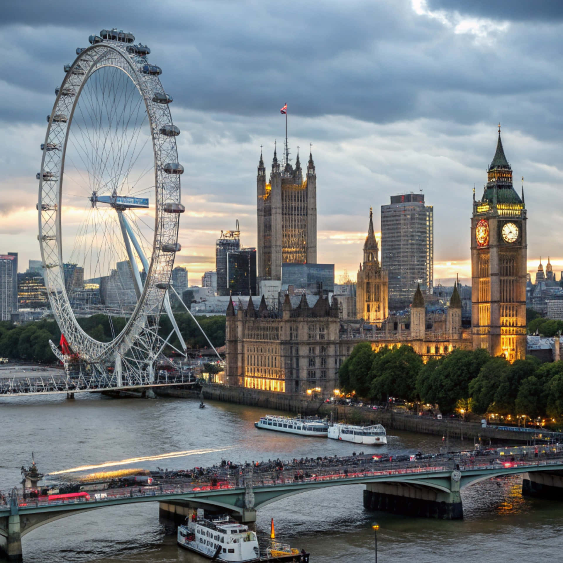 London Skyline 壁紙 — 黃昏時分的倫敦天際線，包括倫敦眼、大笨鐘和塔橋，泰晤士河上有船隻和人群。