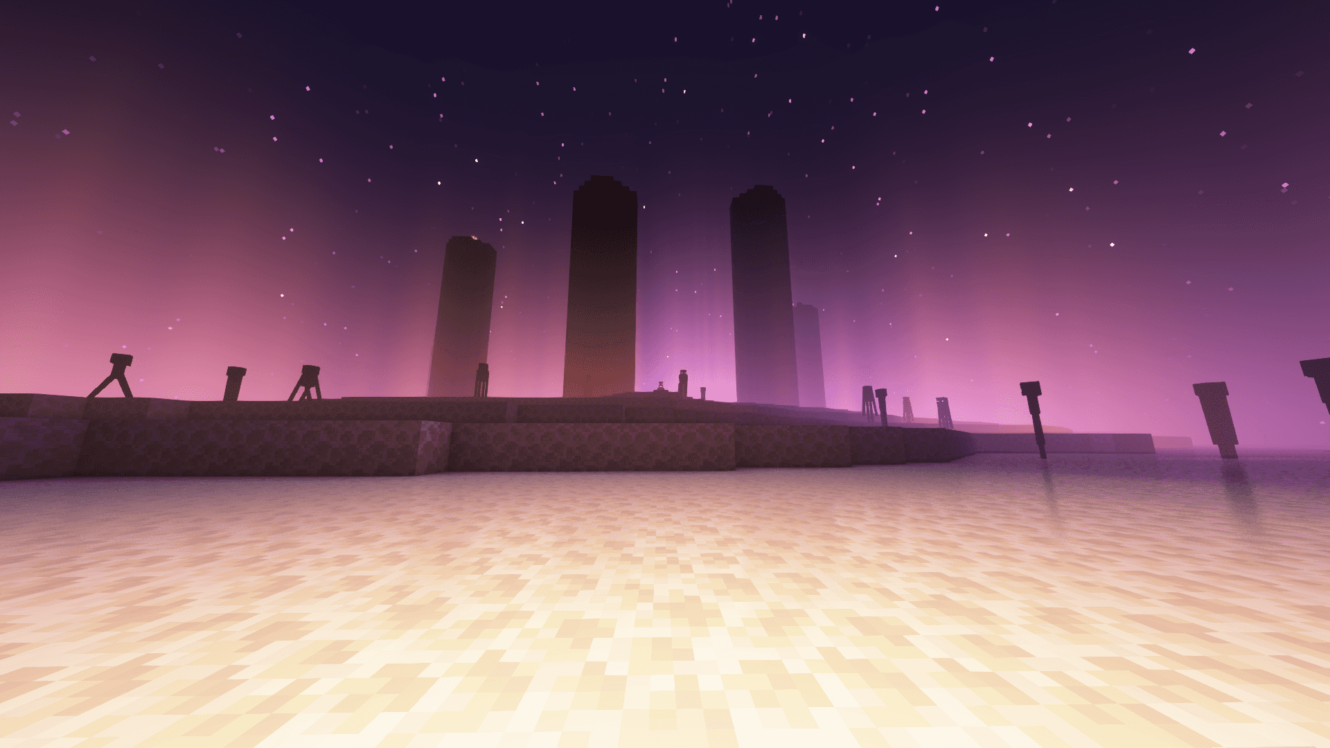 奇幻 桌布 壁紙 — 黃昏時分的像素化Minecraft景觀，發光的沙地、剪影結構和繁星點點的紫色天空。
