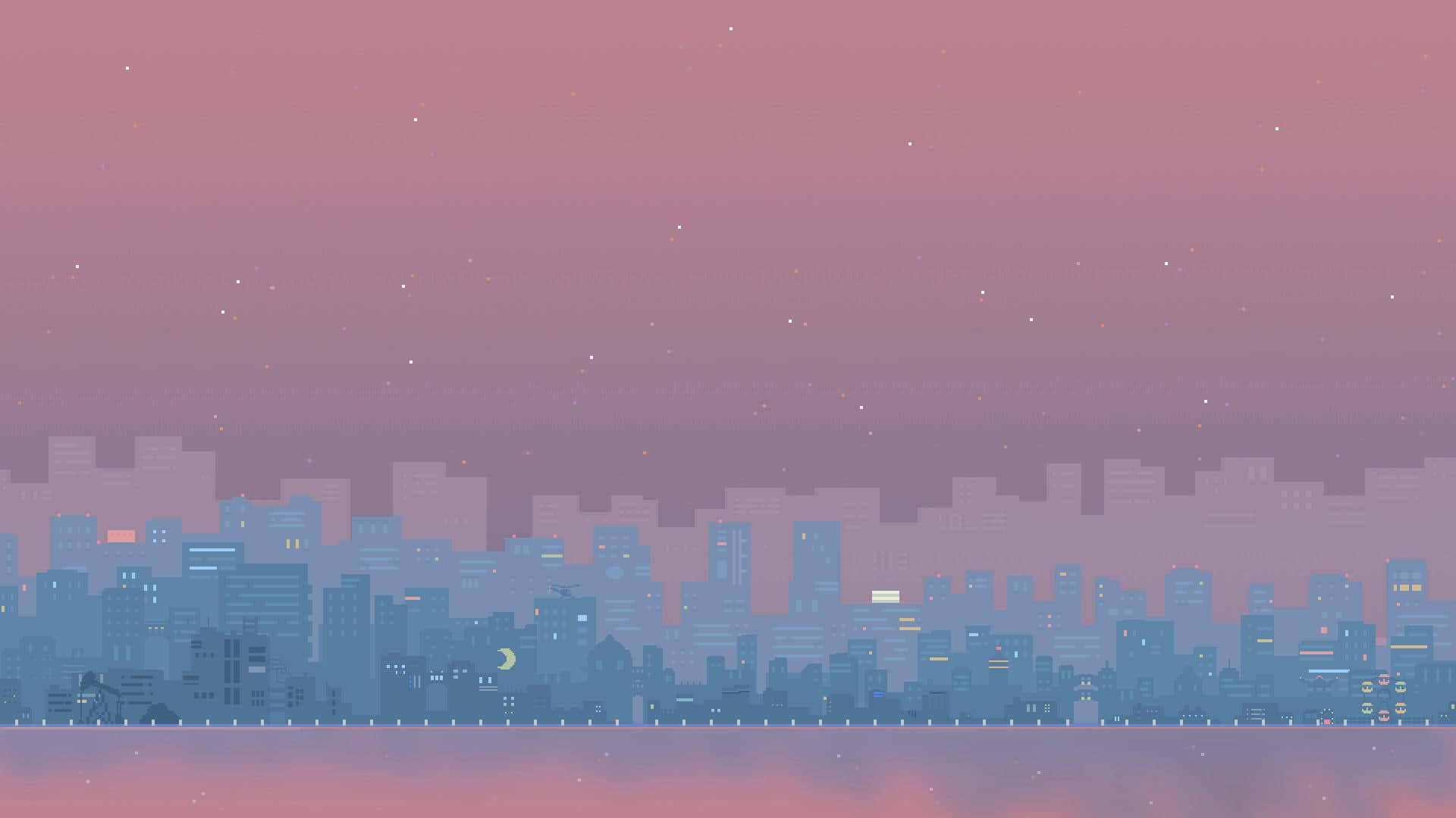 Aesthetic Pixel 桌布 壁紙 — 黃昏時分的像素藝術城市天際線，帶有發光的窗戶和彎月，背景是粉紫色天空。