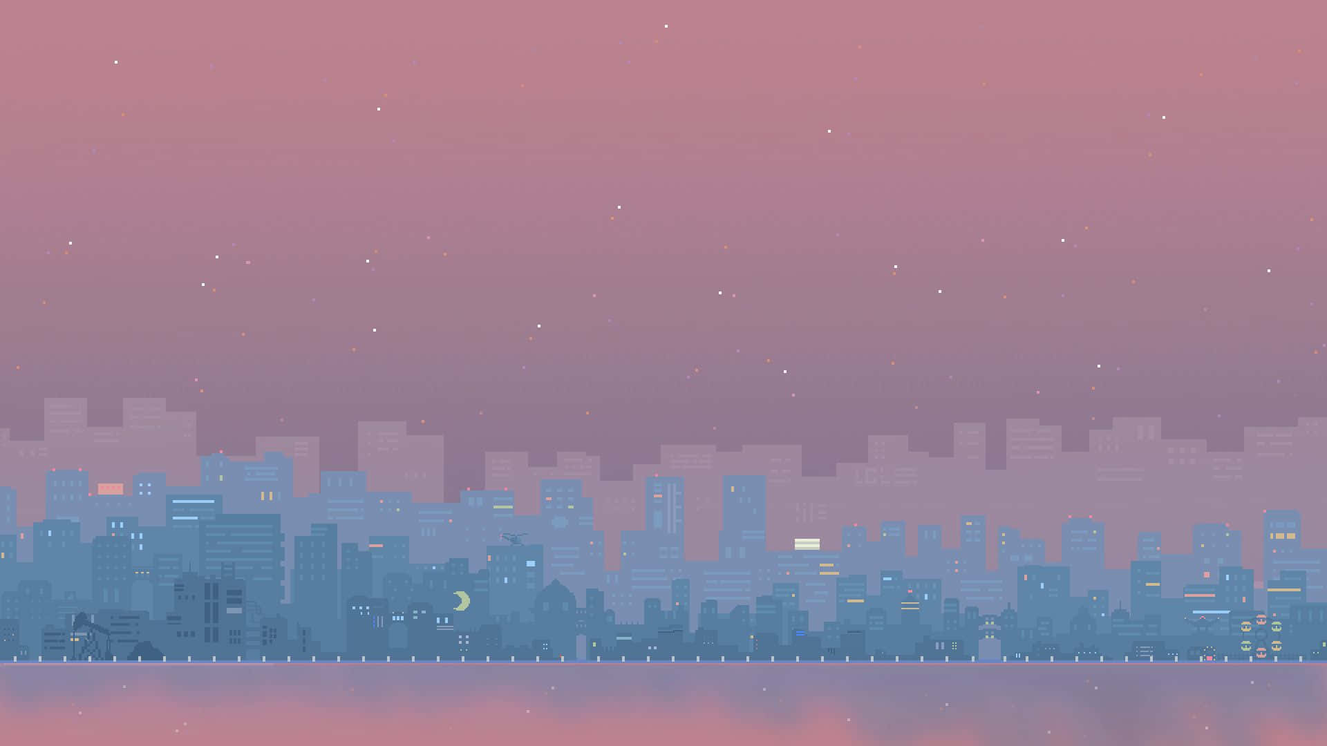 Aesthetic Pixel 桌布 壁紙 — 黃昏時分的像素藝術城市天際線，閃爍的窗戶和彎月映襯在粉紫色天空下。
