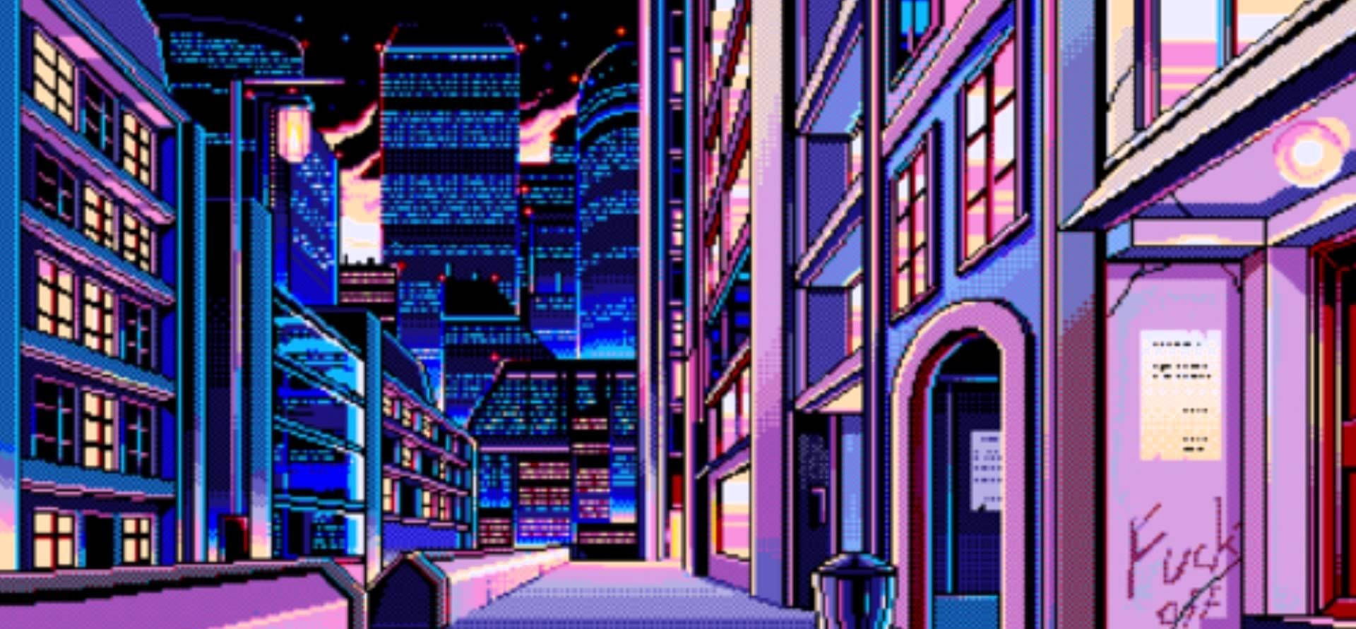 Aesthetic Pixel Art HD 桌布 壁紙 — 黃昏時分的像素藝術城市小巷，霓虹燈在建築物和街道標誌上閃爍。