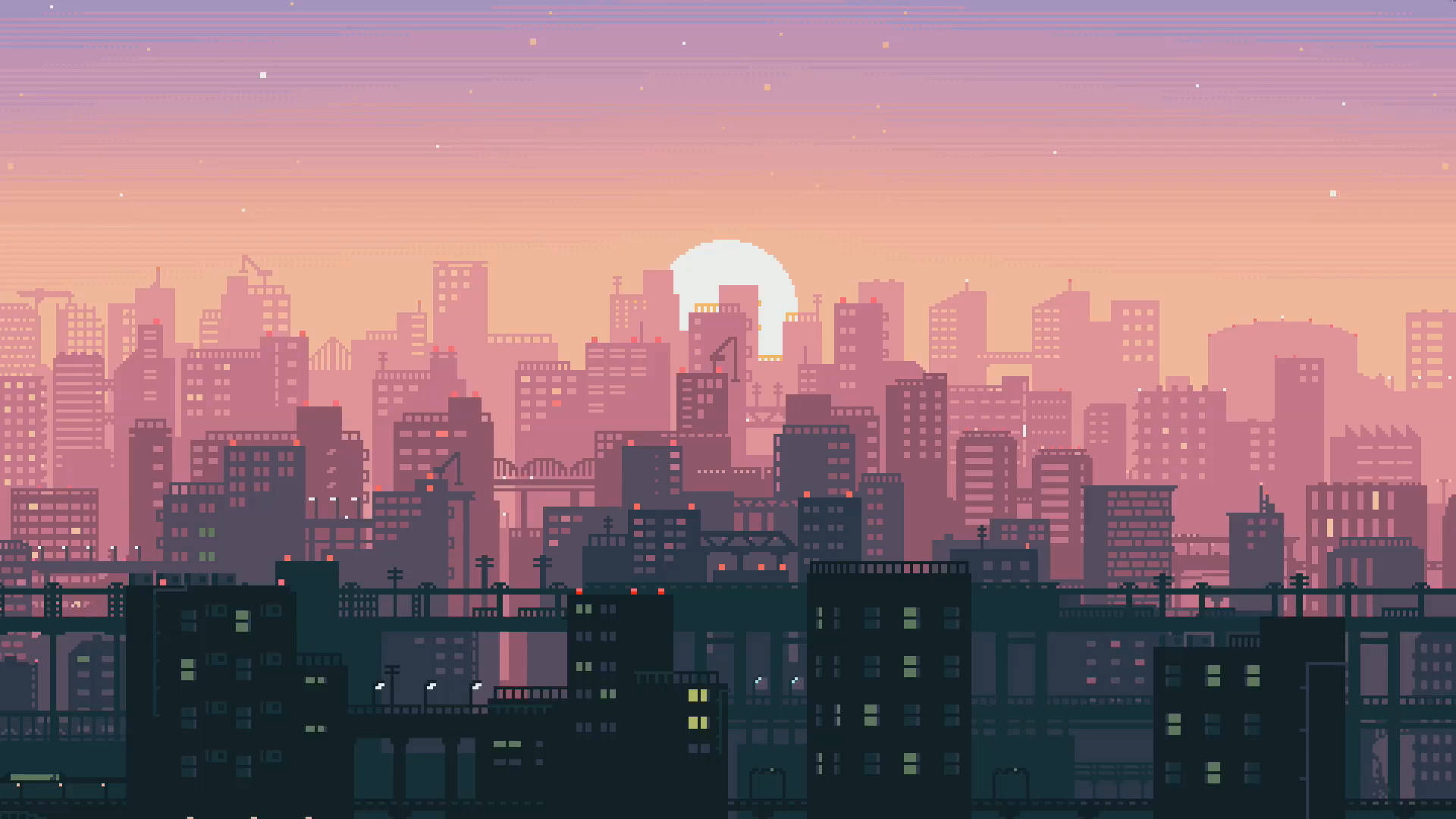 Skyscraper 桌布 壁紙 — 黃昏時分的像素藝術城市景觀，帶有發光的窗戶和柔和的粉橙色天空。