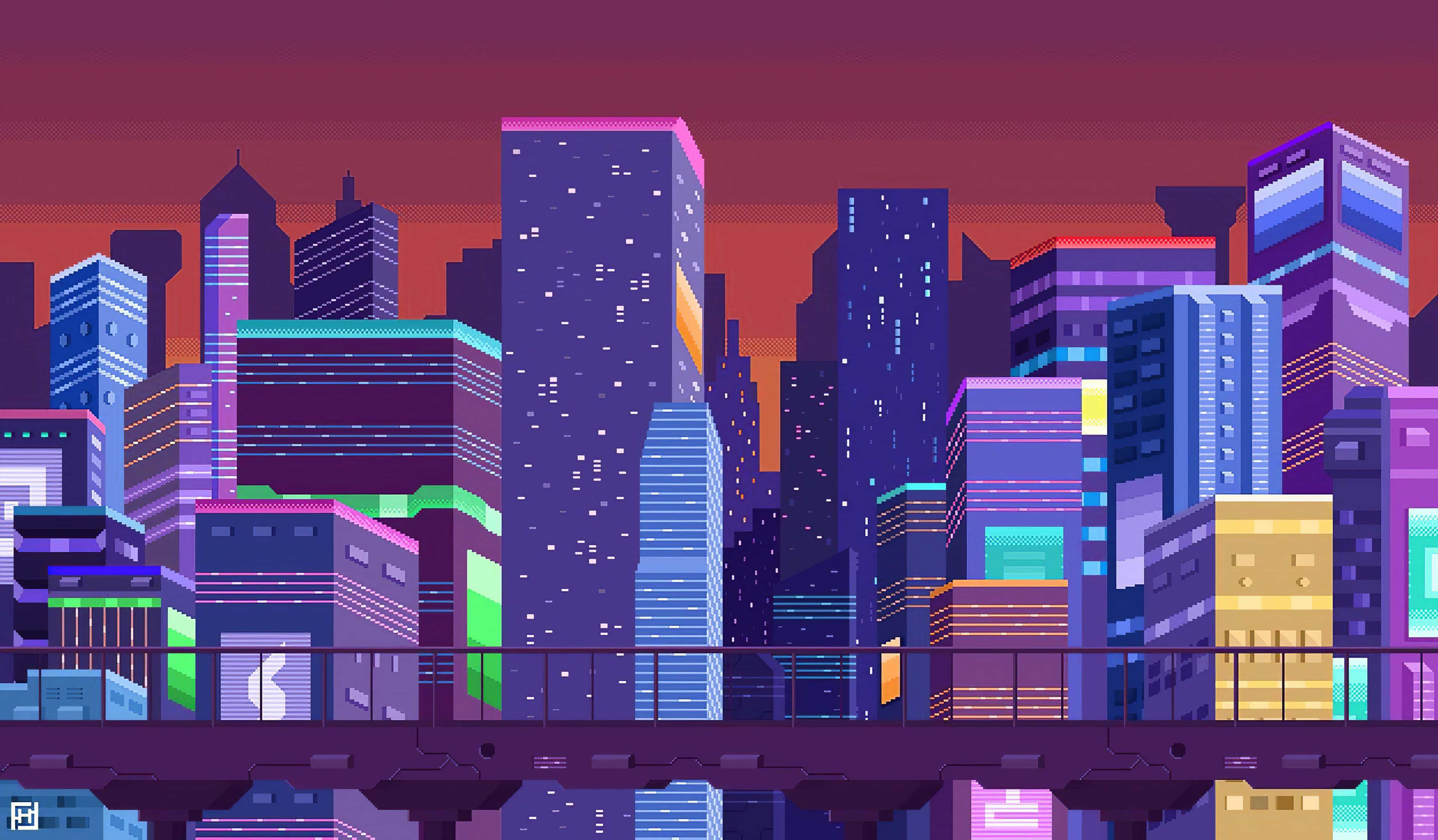 City Pixel Art 桌布 壁紙 — 黃昏時分的像素藝術城市景觀，摩天大樓散發著紫色、藍色和橙色的光芒。